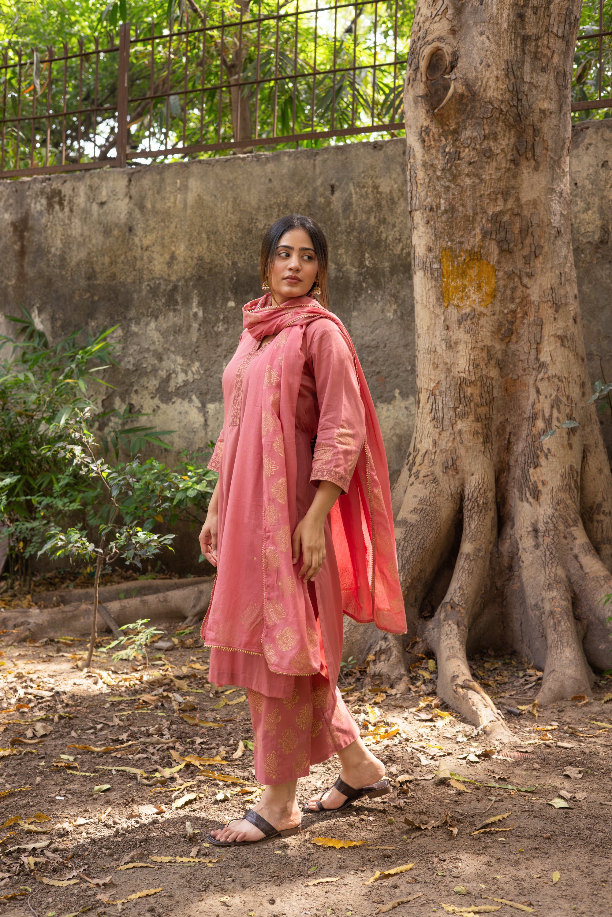 Dusty rose pink block printed cotton set
