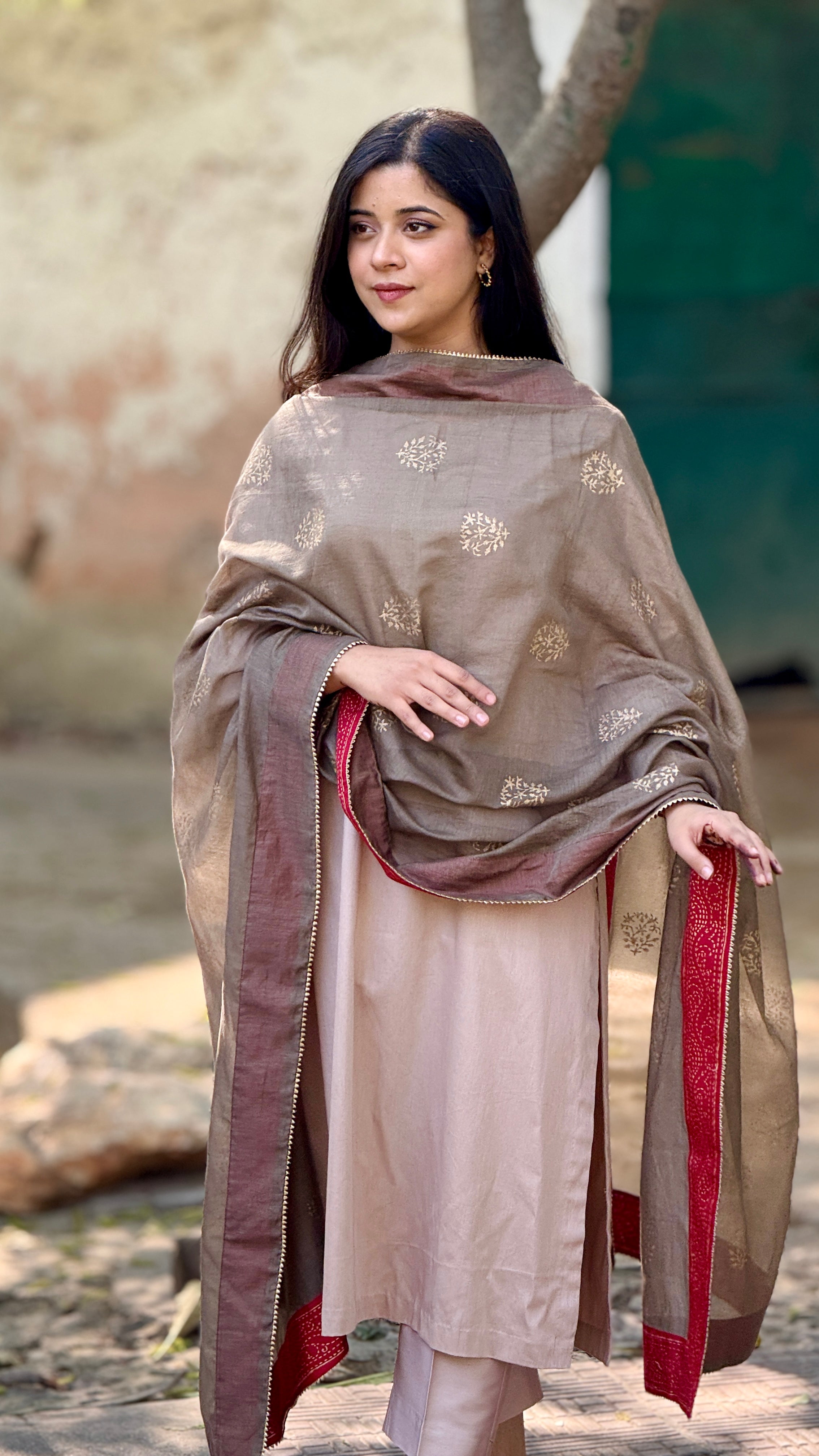 Olive ember cotton block printed Chanderi dupatta set