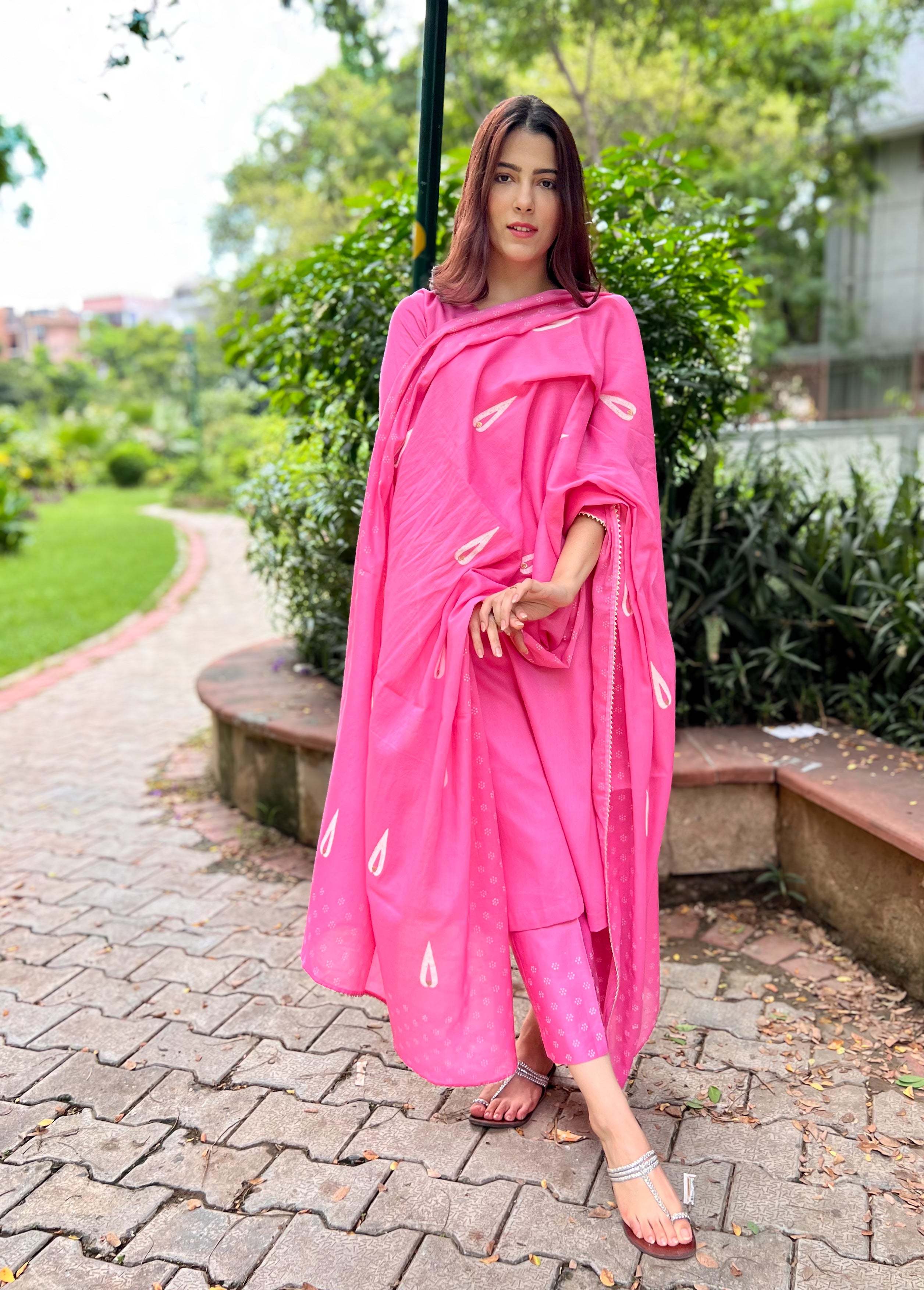 Mulberry pink block printed cotton set