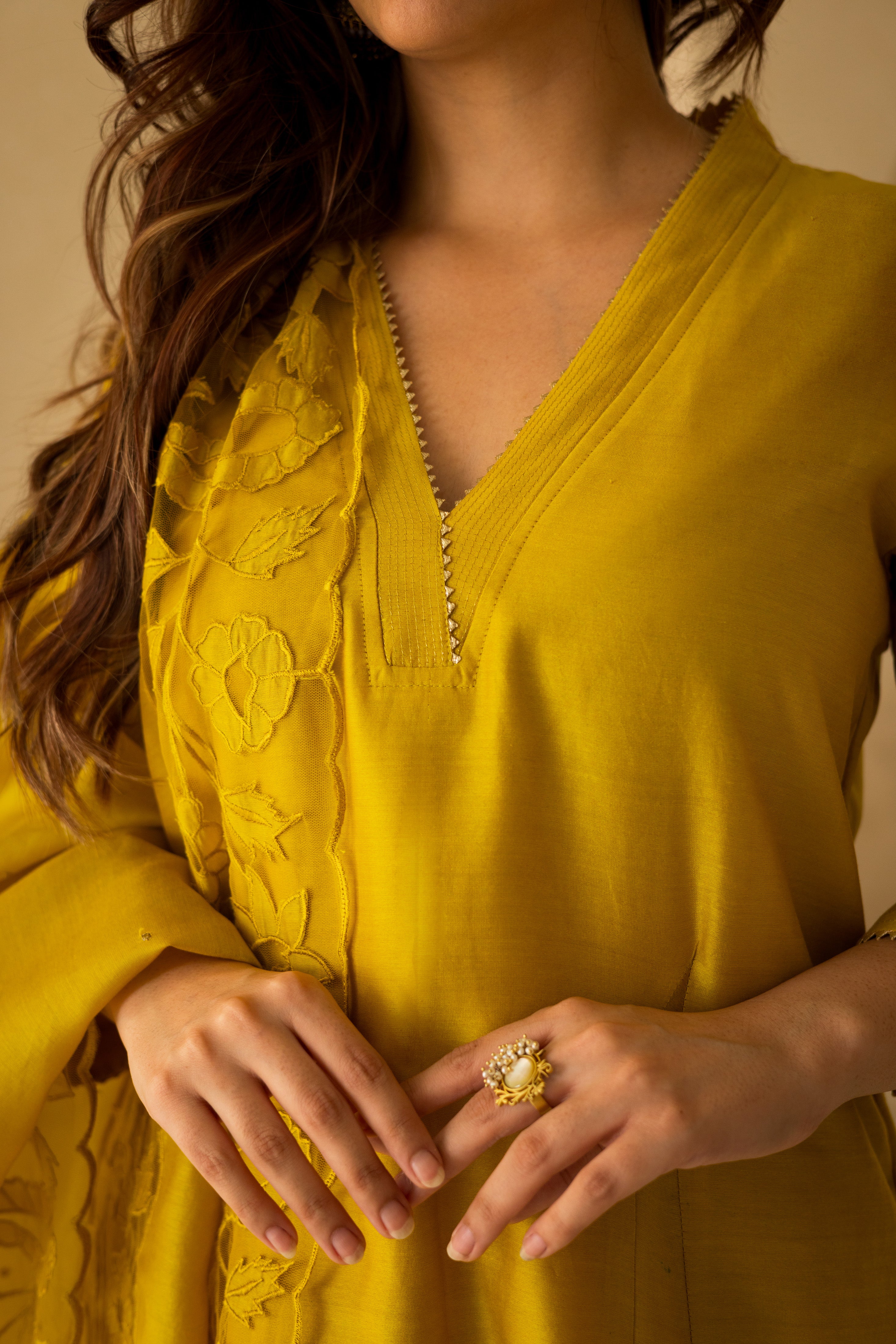 Sunshine yellow cutwork chanderi Anarkali set