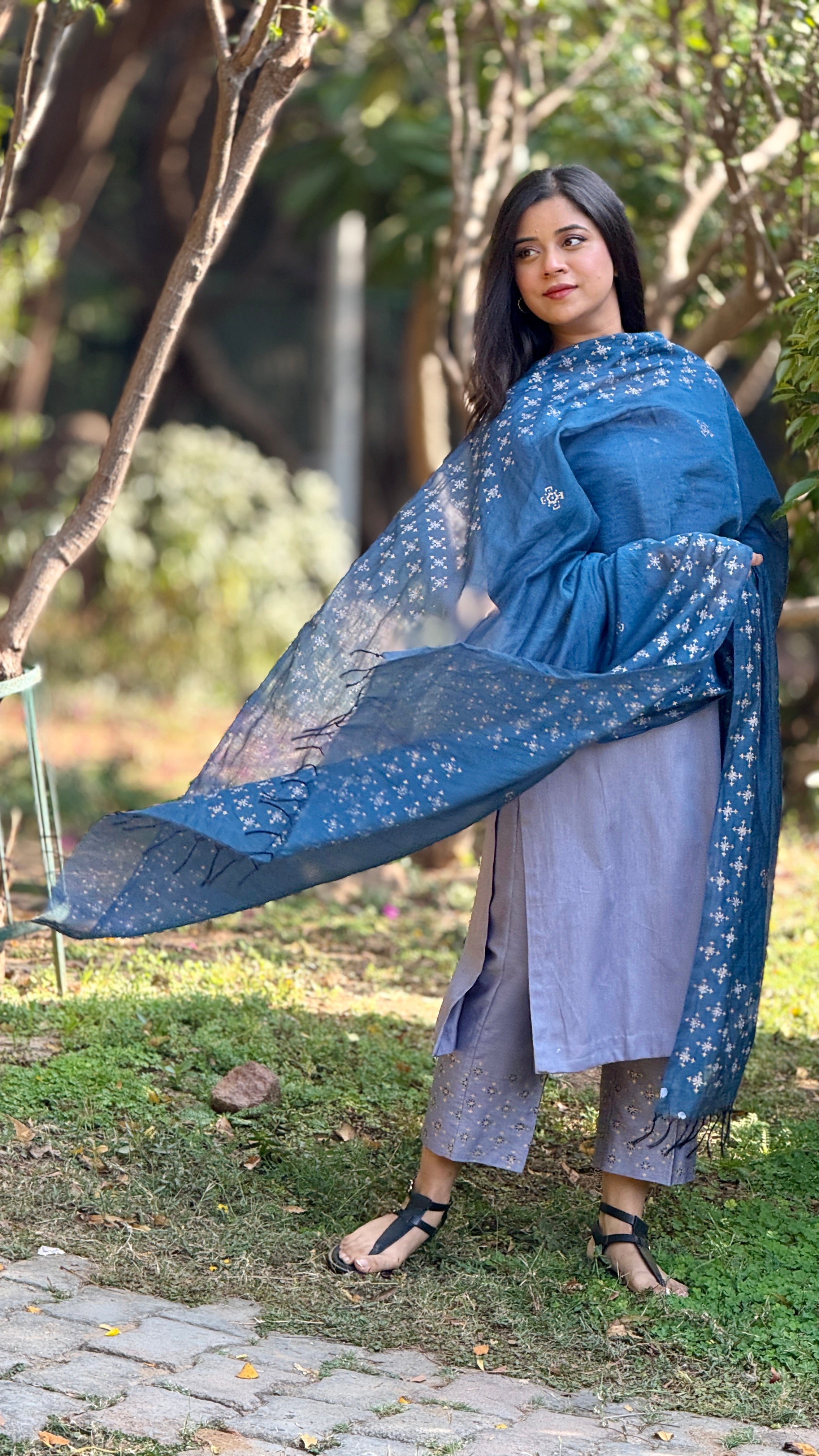 Midnight bloom block printed Chanderi dupatta set