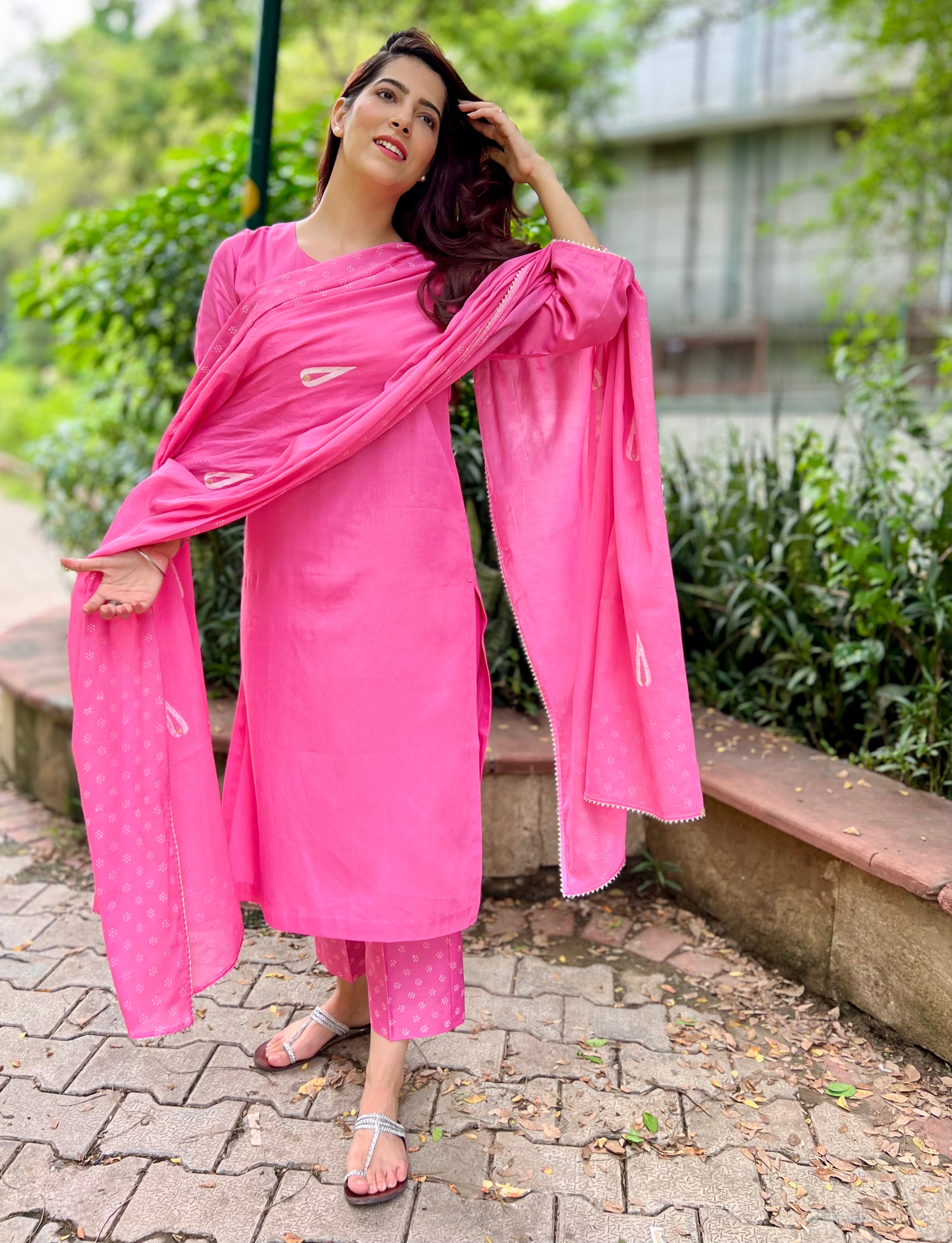 Mulberry pink block printed cotton set