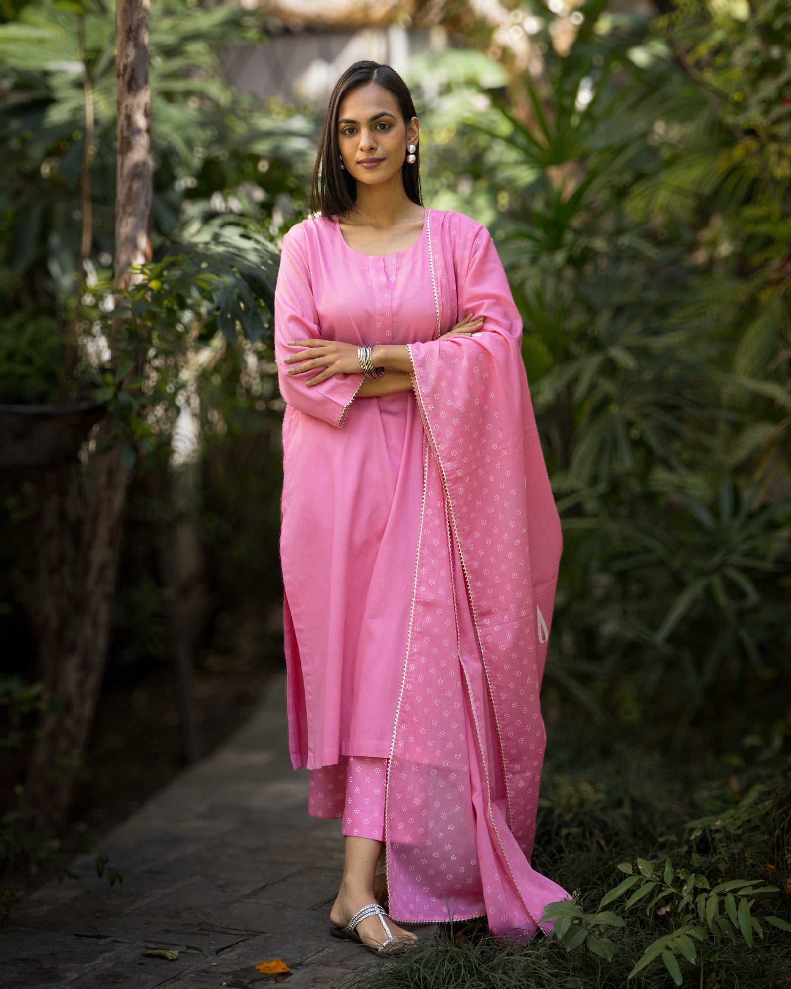 Mulberry pink block printed cotton set