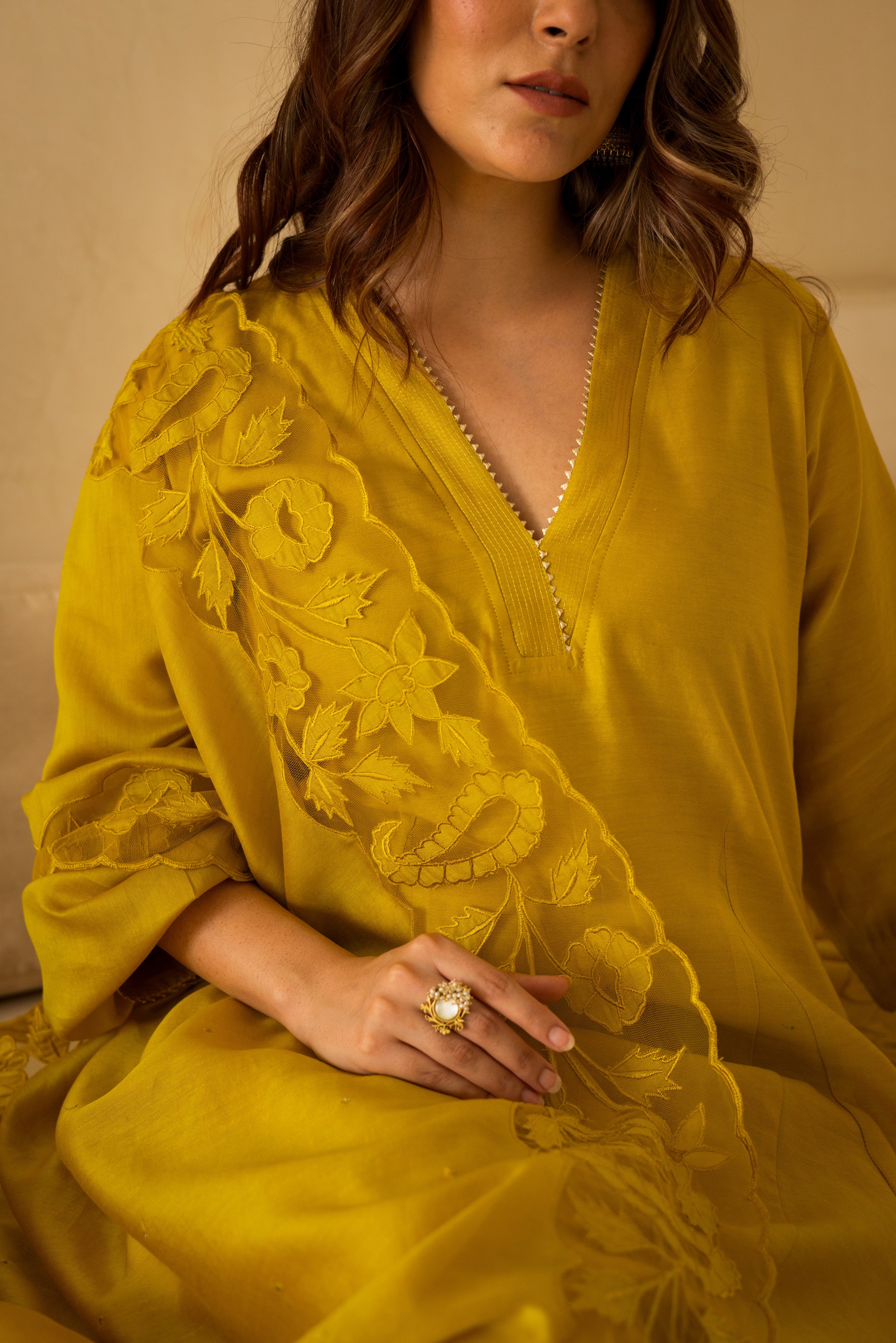 Sunshine yellow cutwork chanderi Anarkali set