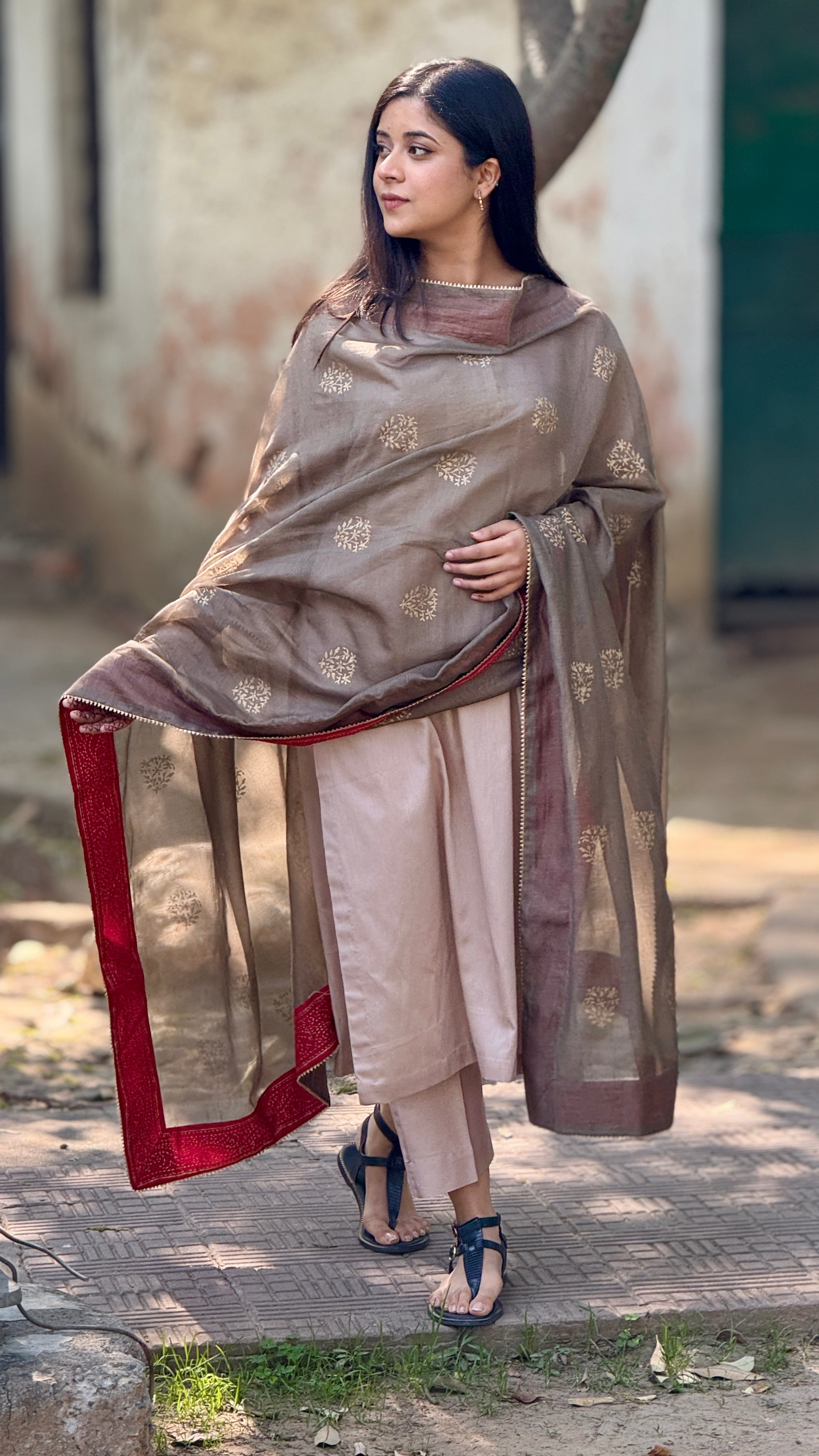 Olive ember cotton block printed Chanderi dupatta set