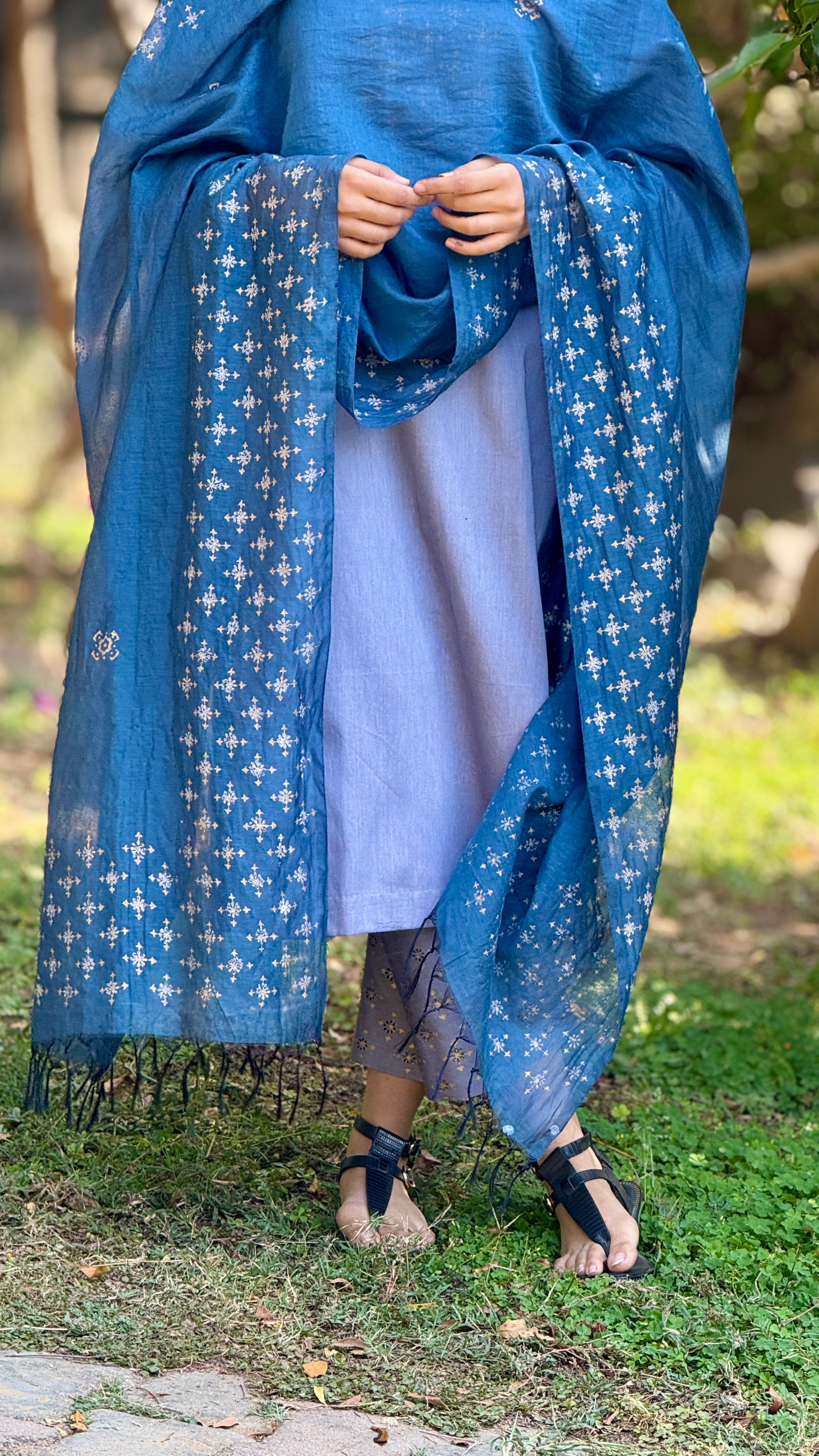 Midnight bloom block printed Chanderi dupatta set