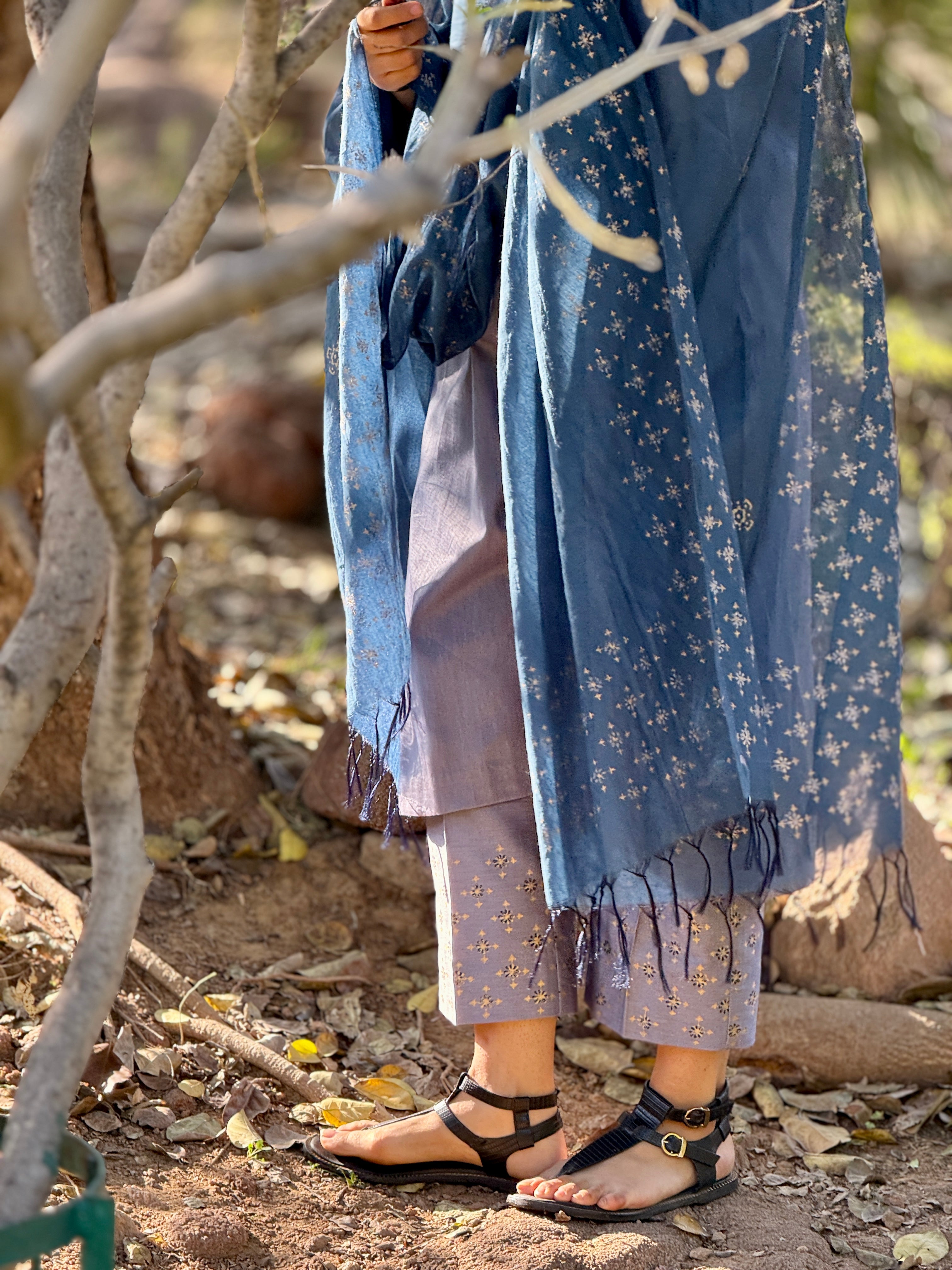 Midnight bloom block printed Chanderi dupatta set