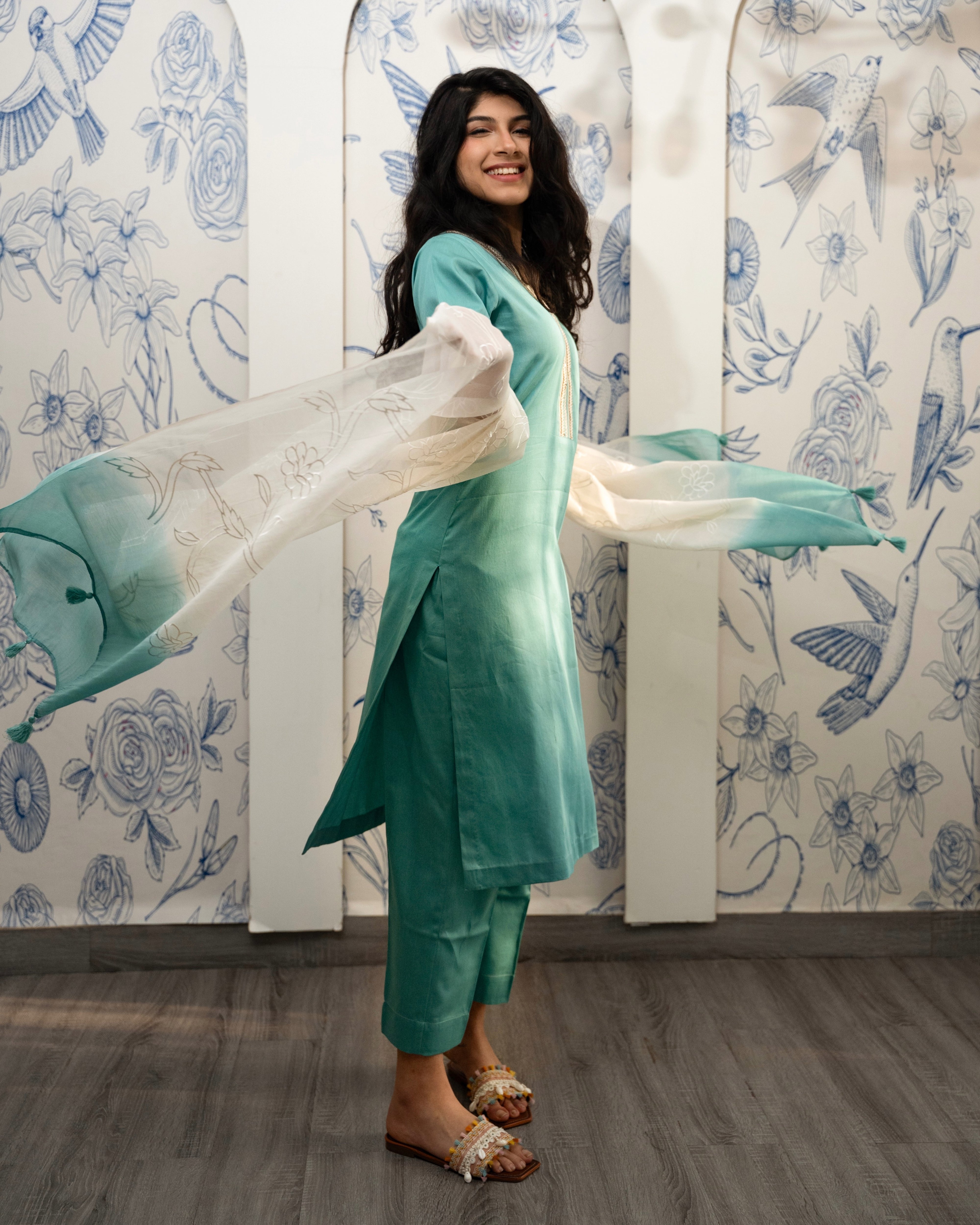 Aqua Teal Cotton Set with Off-White Embroidery
