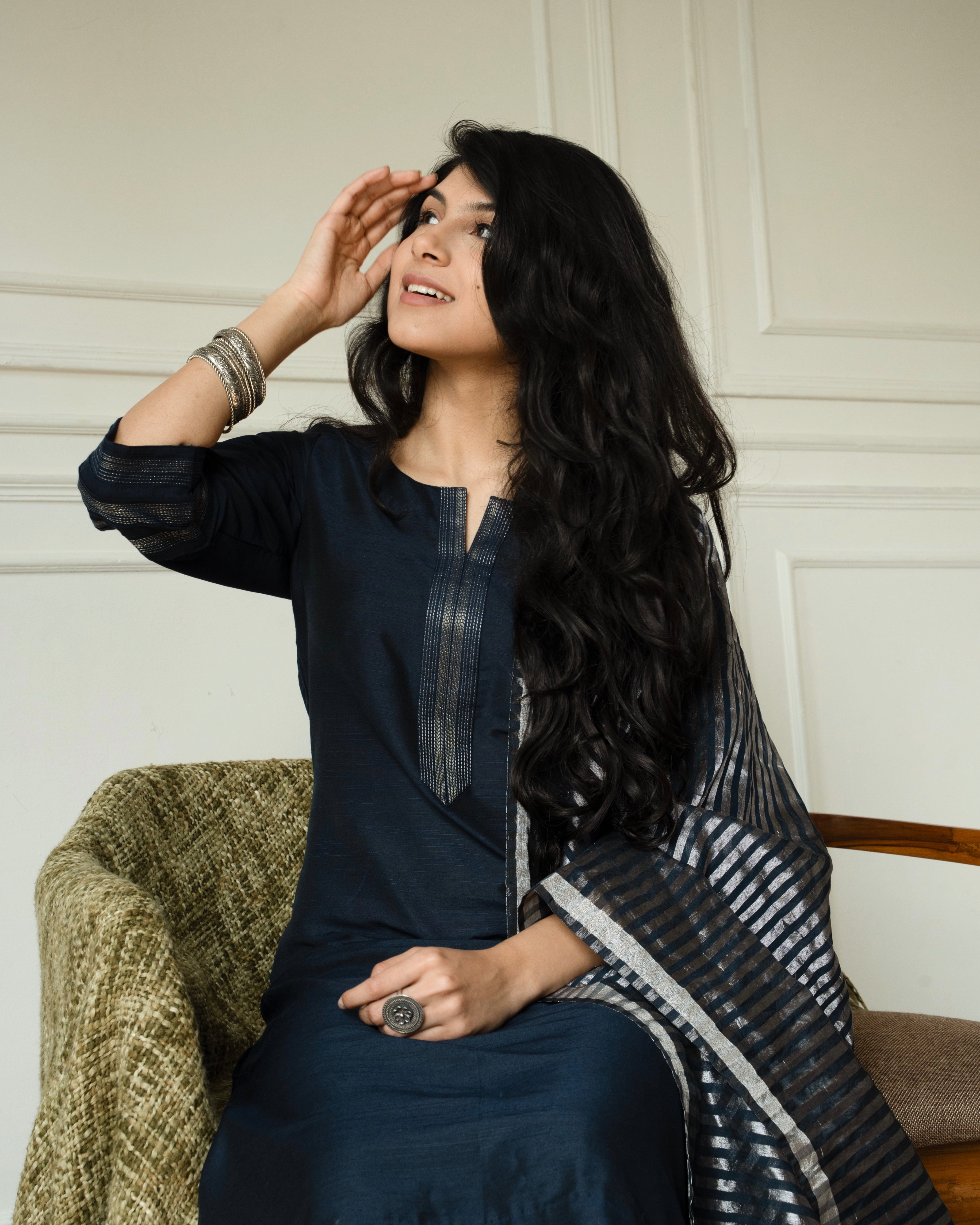 Midnight ease - Cotton slub kurta set with chanderi dupatta