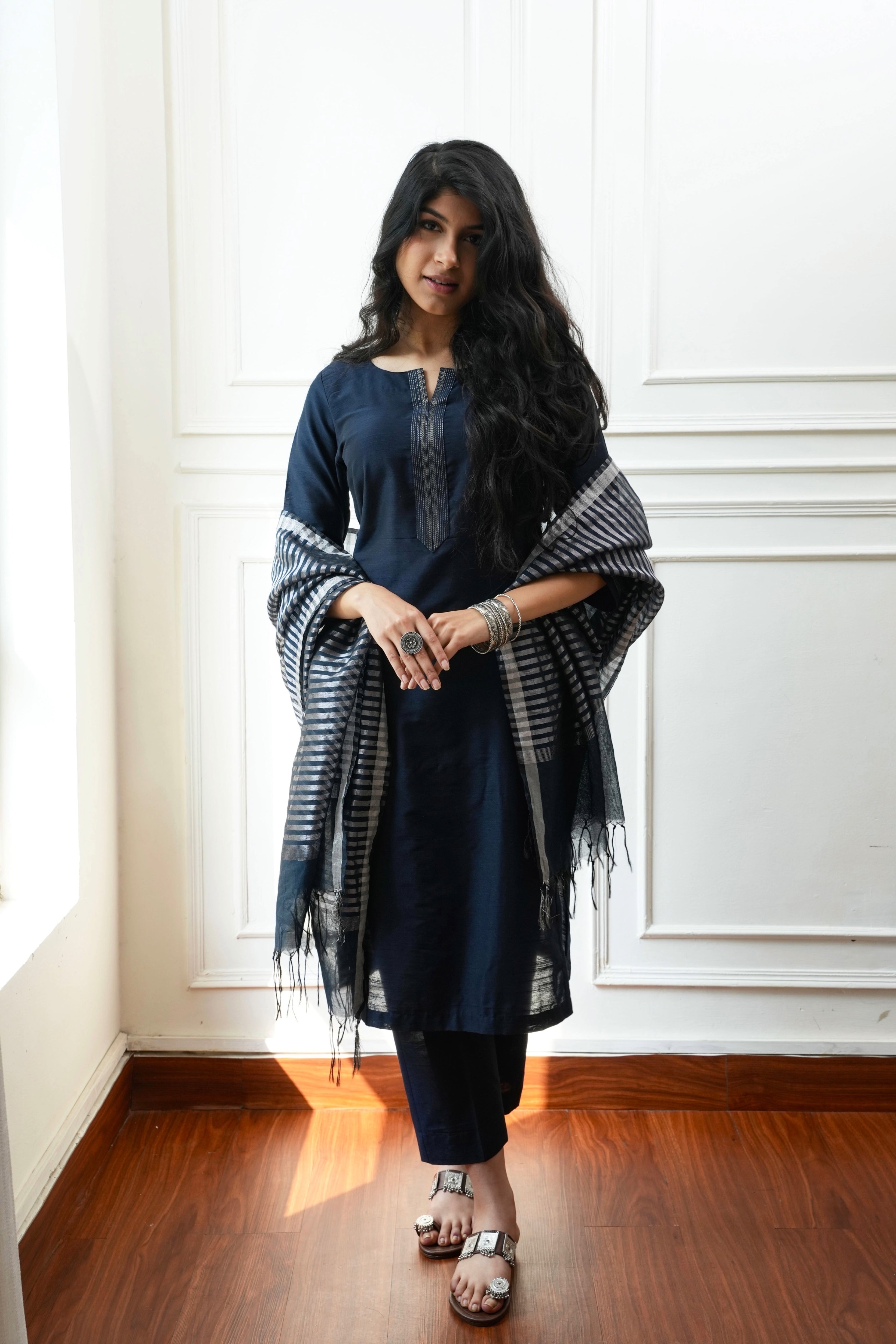 Midnight ease - Cotton slub kurta set with chanderi dupatta