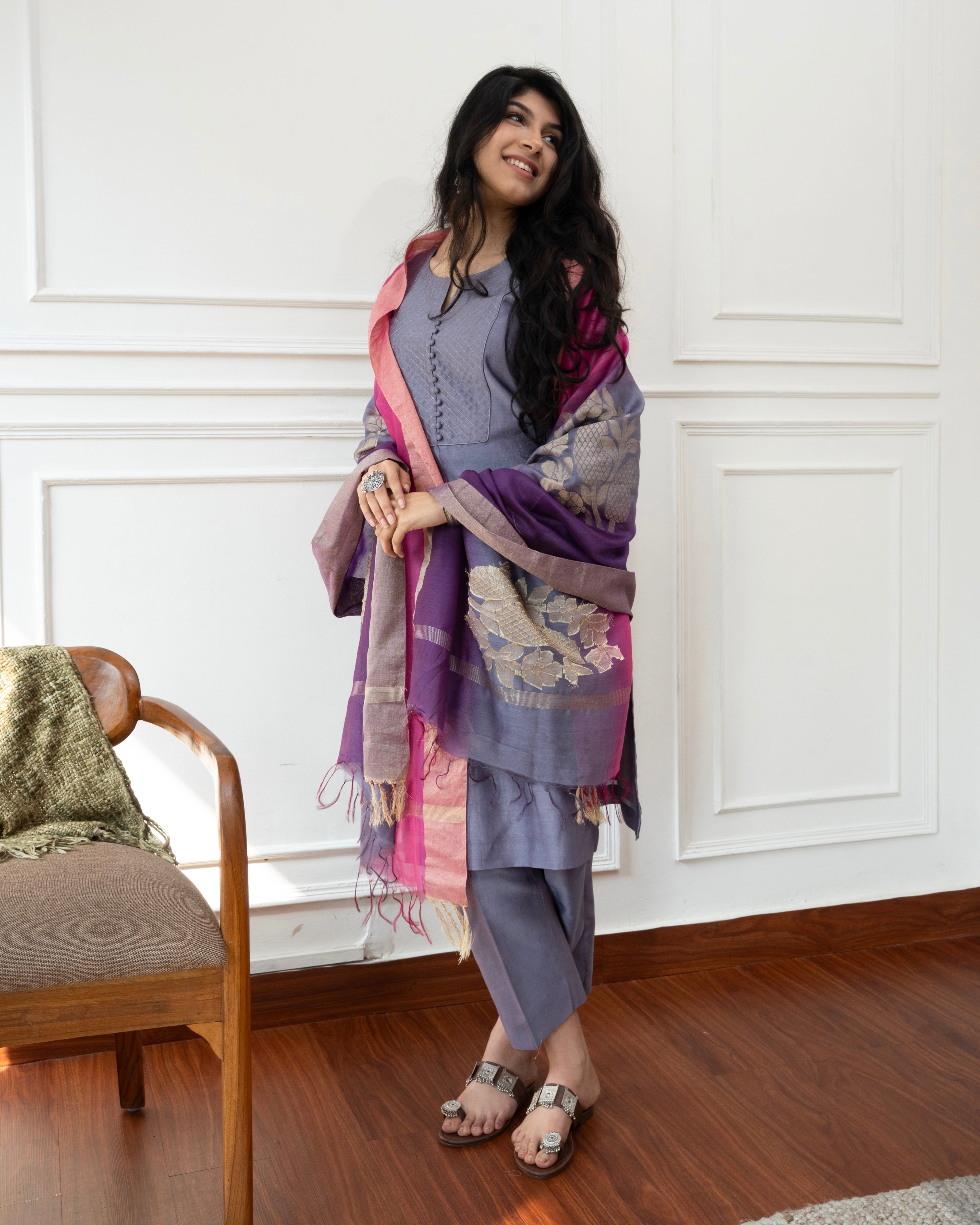 Lilac Bloom – Cotton Slub Set with Multicolour Chanderi Dupatta