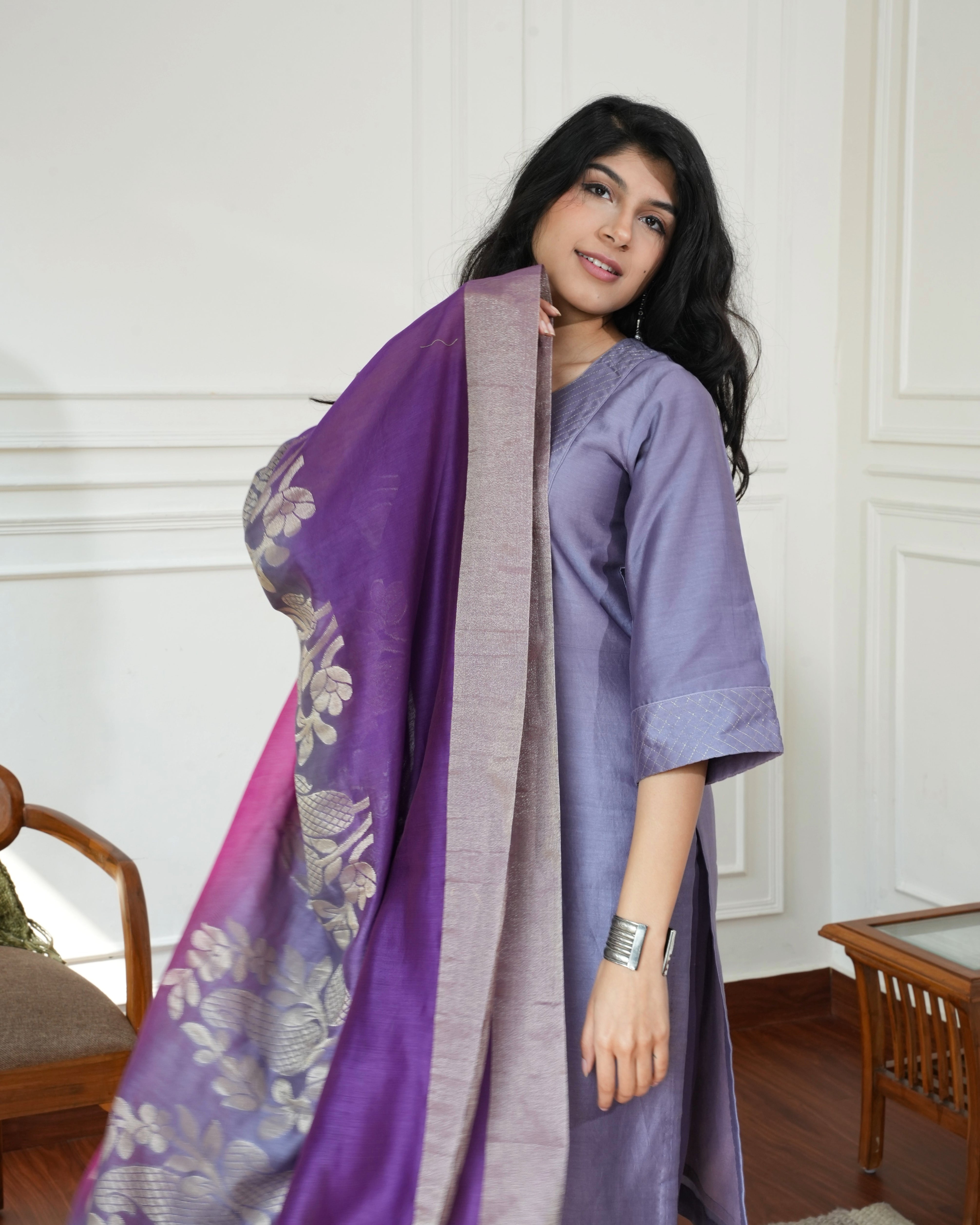 Lilac Bloom – Cotton Slub Set with Multicolour Chanderi Dupatta