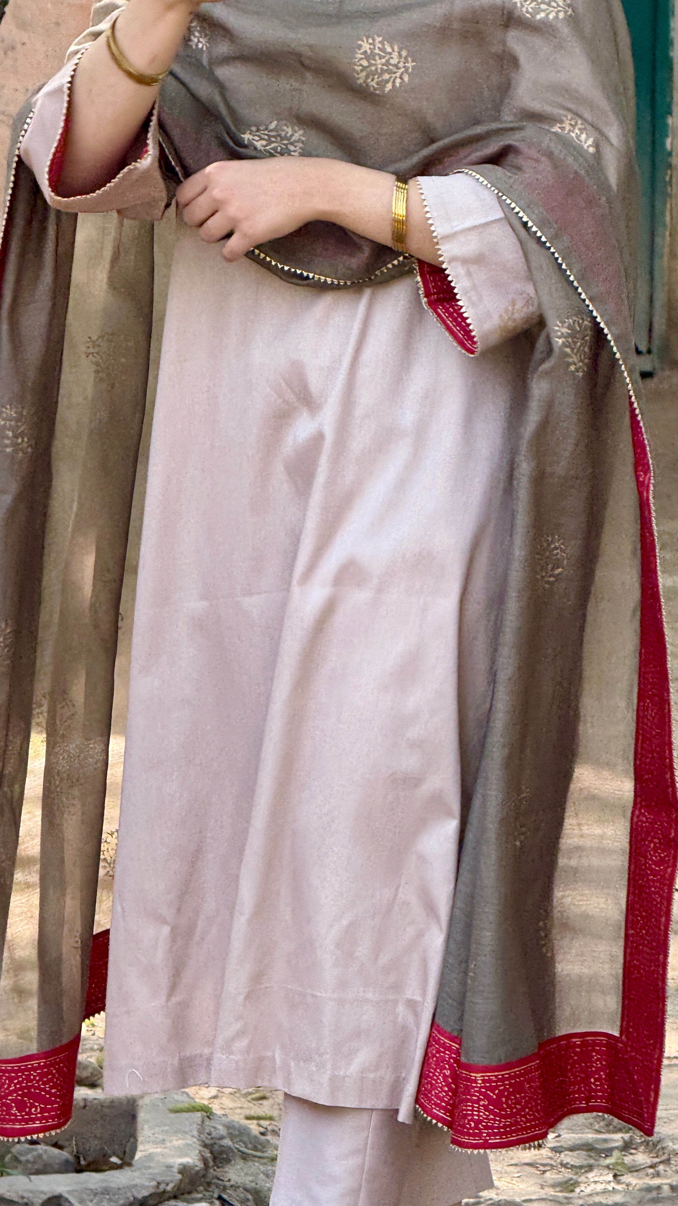 Olive ember cotton block printed Chanderi dupatta set