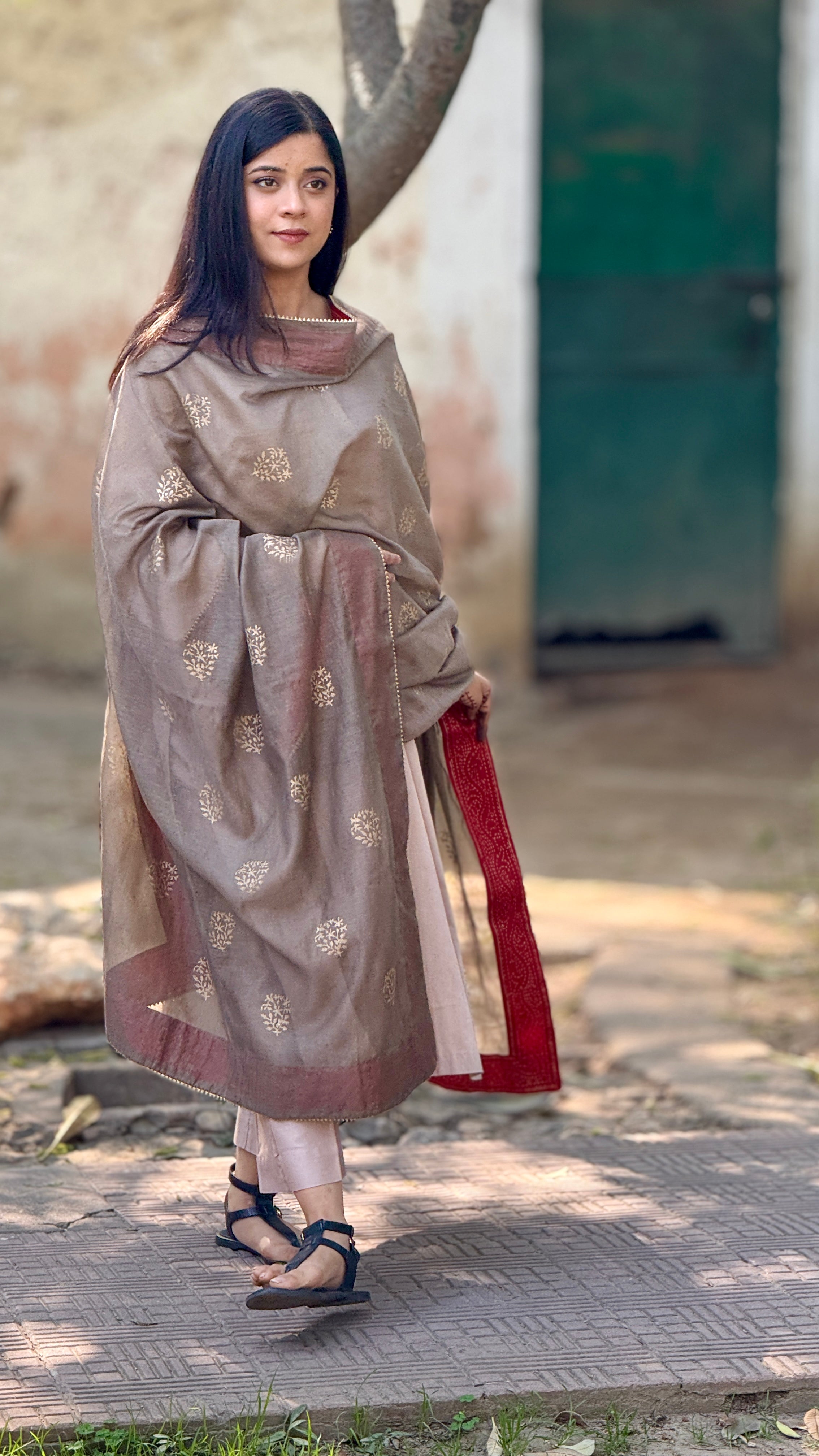 Olive ember cotton block printed Chanderi dupatta set