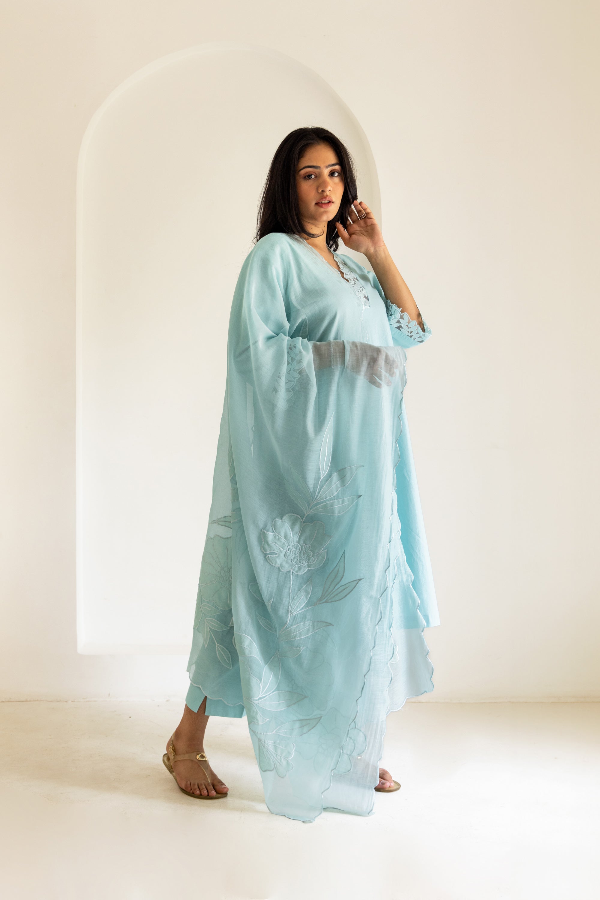 Powder blue cotton scalloped patchwork dupatta set