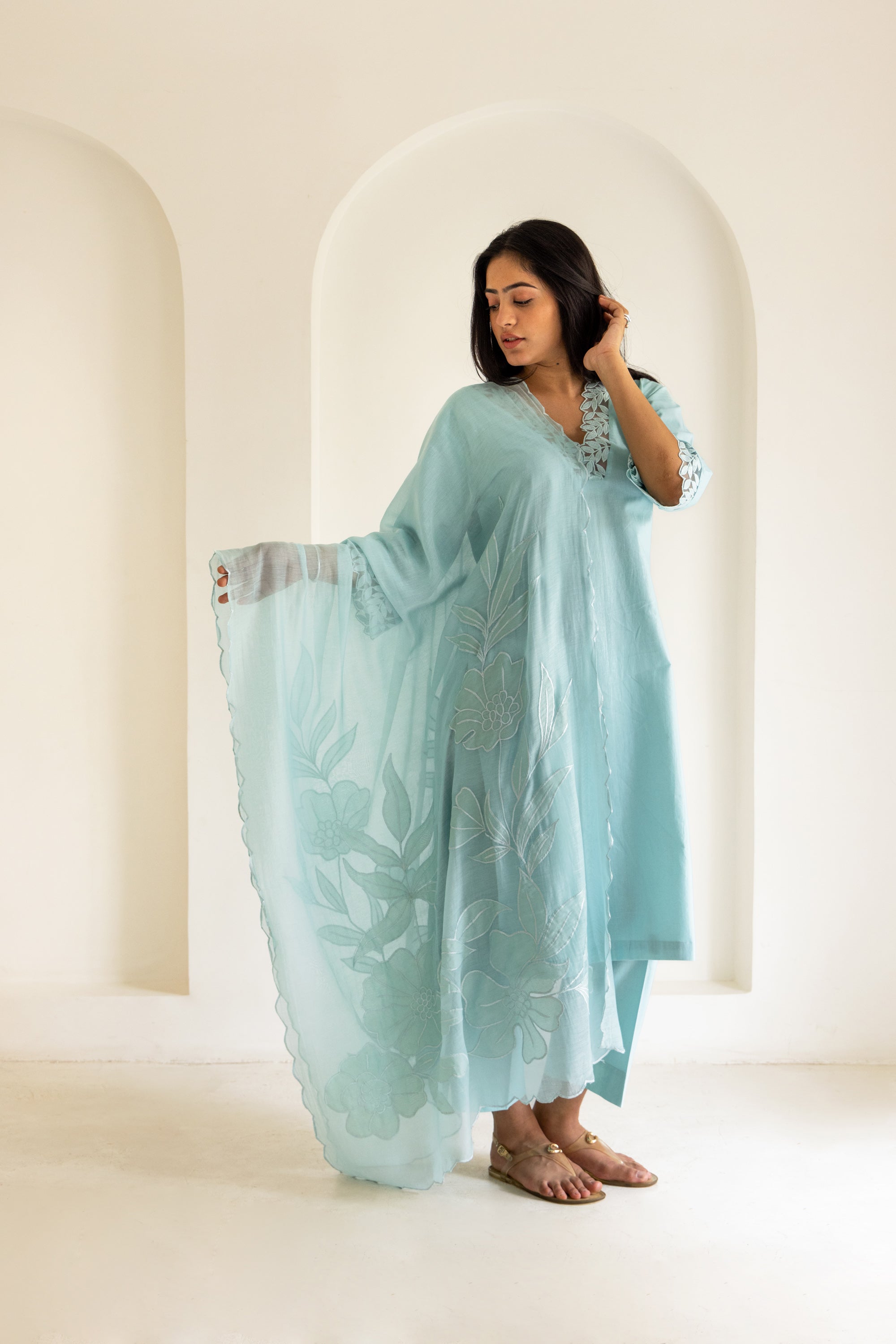 Powder blue cotton scalloped patchwork dupatta set