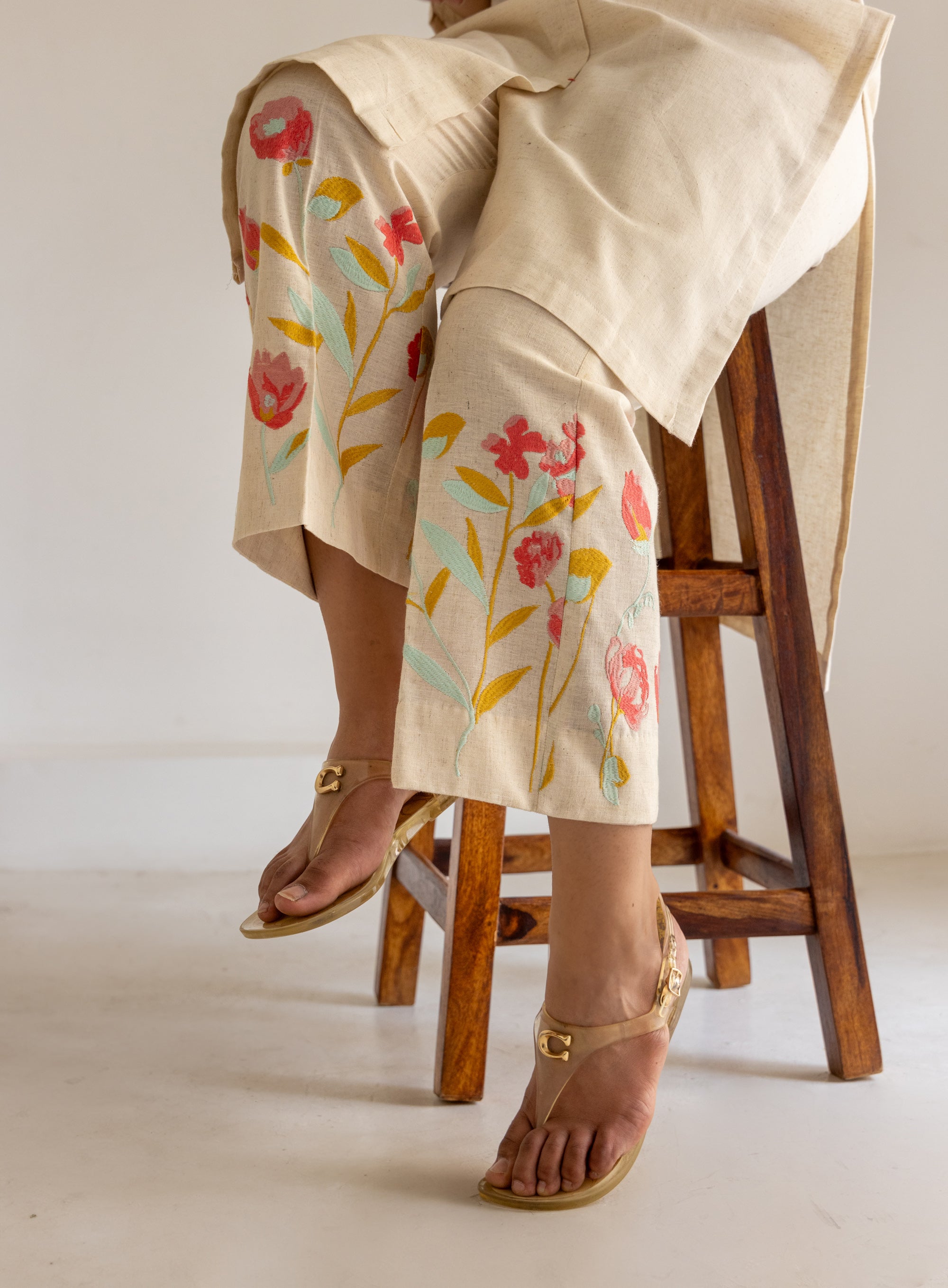 Ivory cream floral embroidered pants set - Set of 2