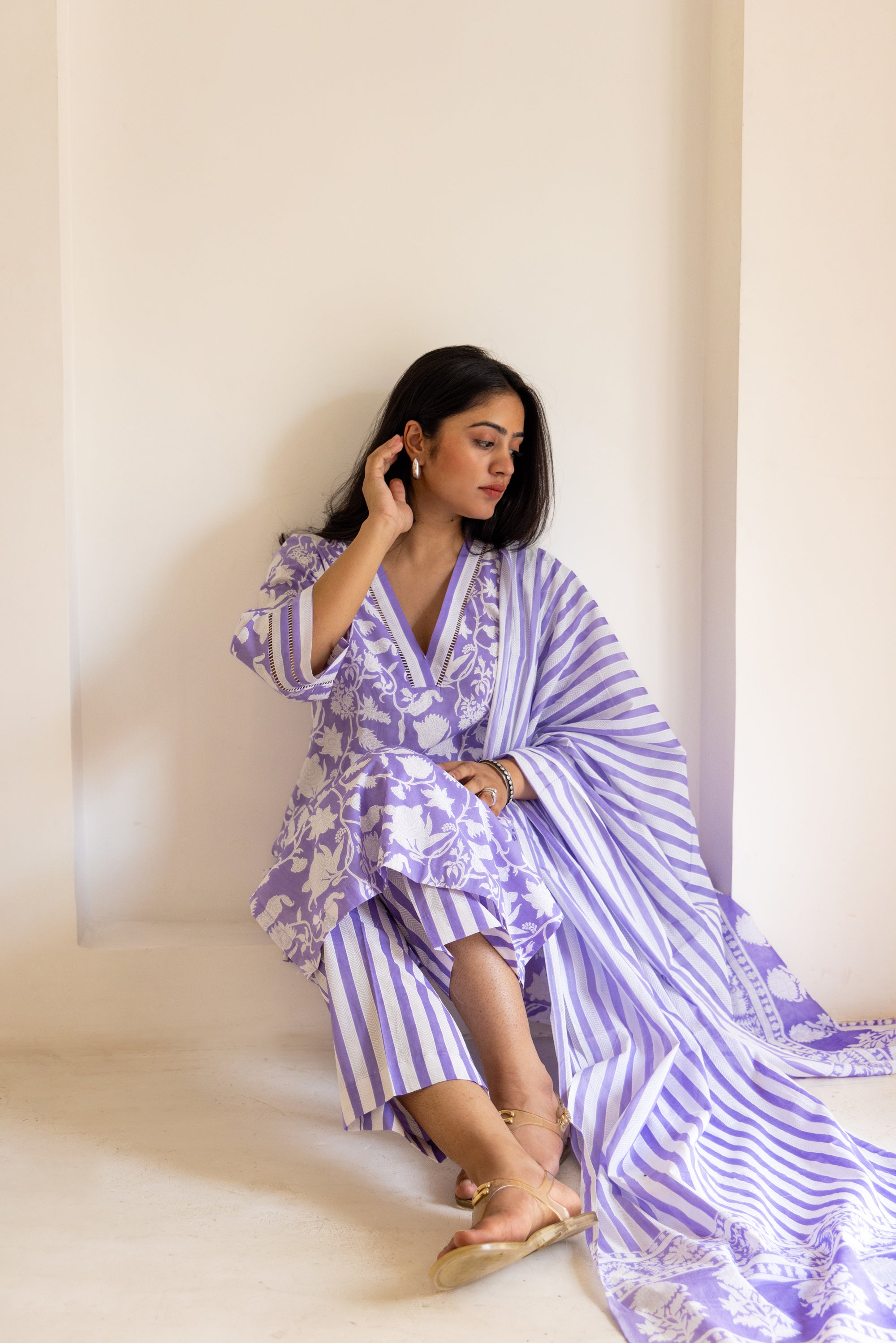 Lilac block printed cotton set