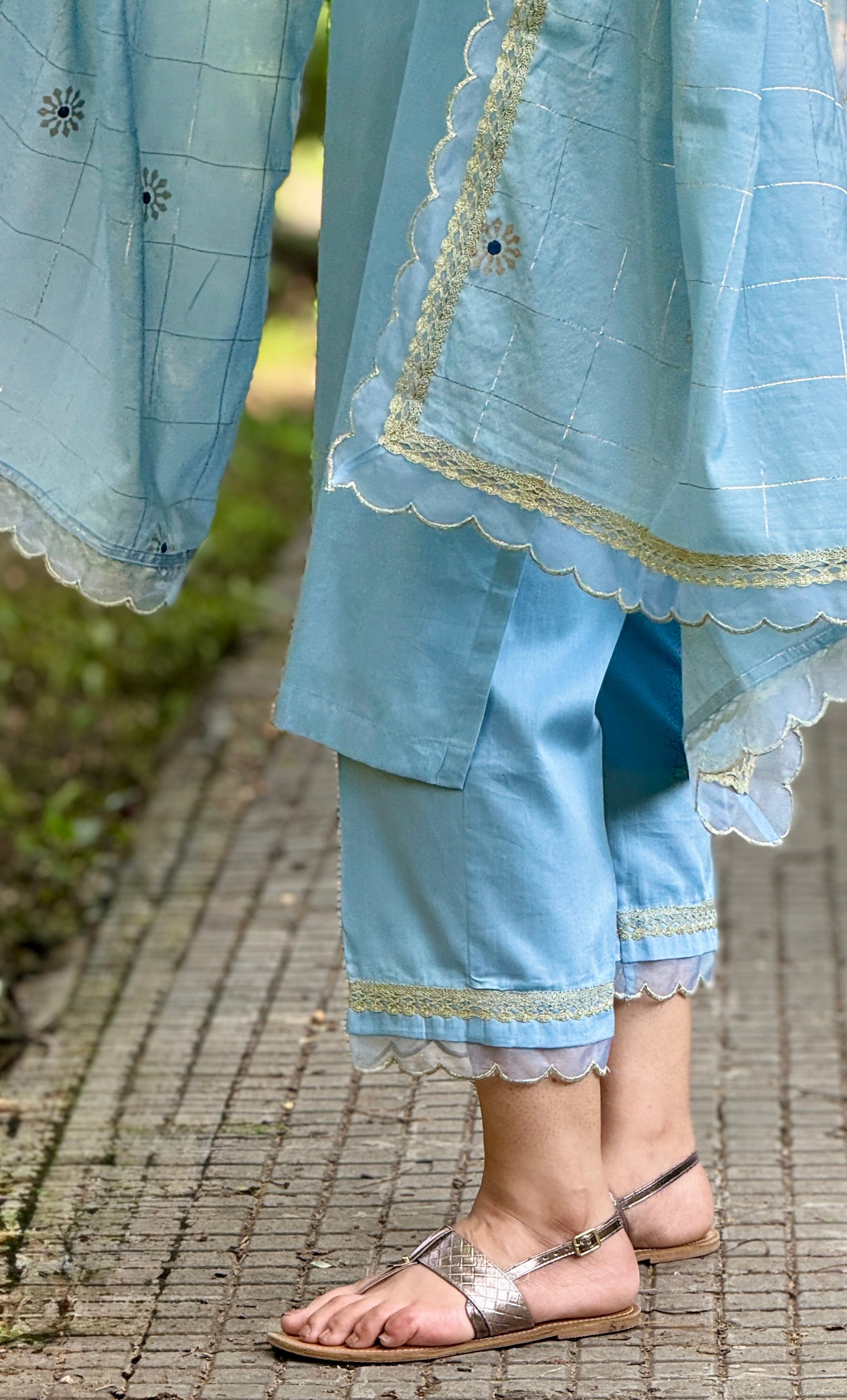 Powder blue cotton satin set with chanderi dupatta