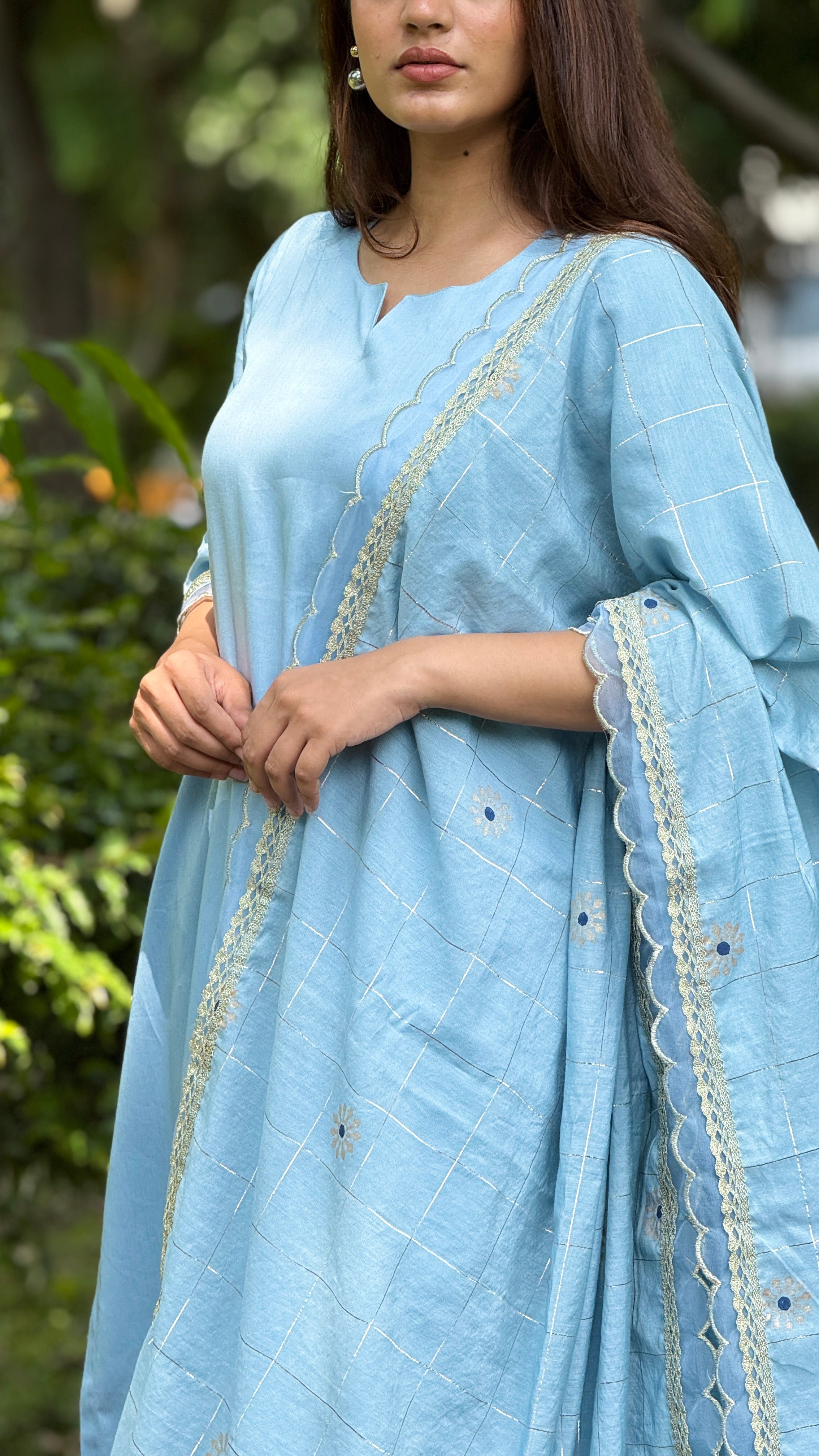 Powder blue cotton satin set with chanderi dupatta