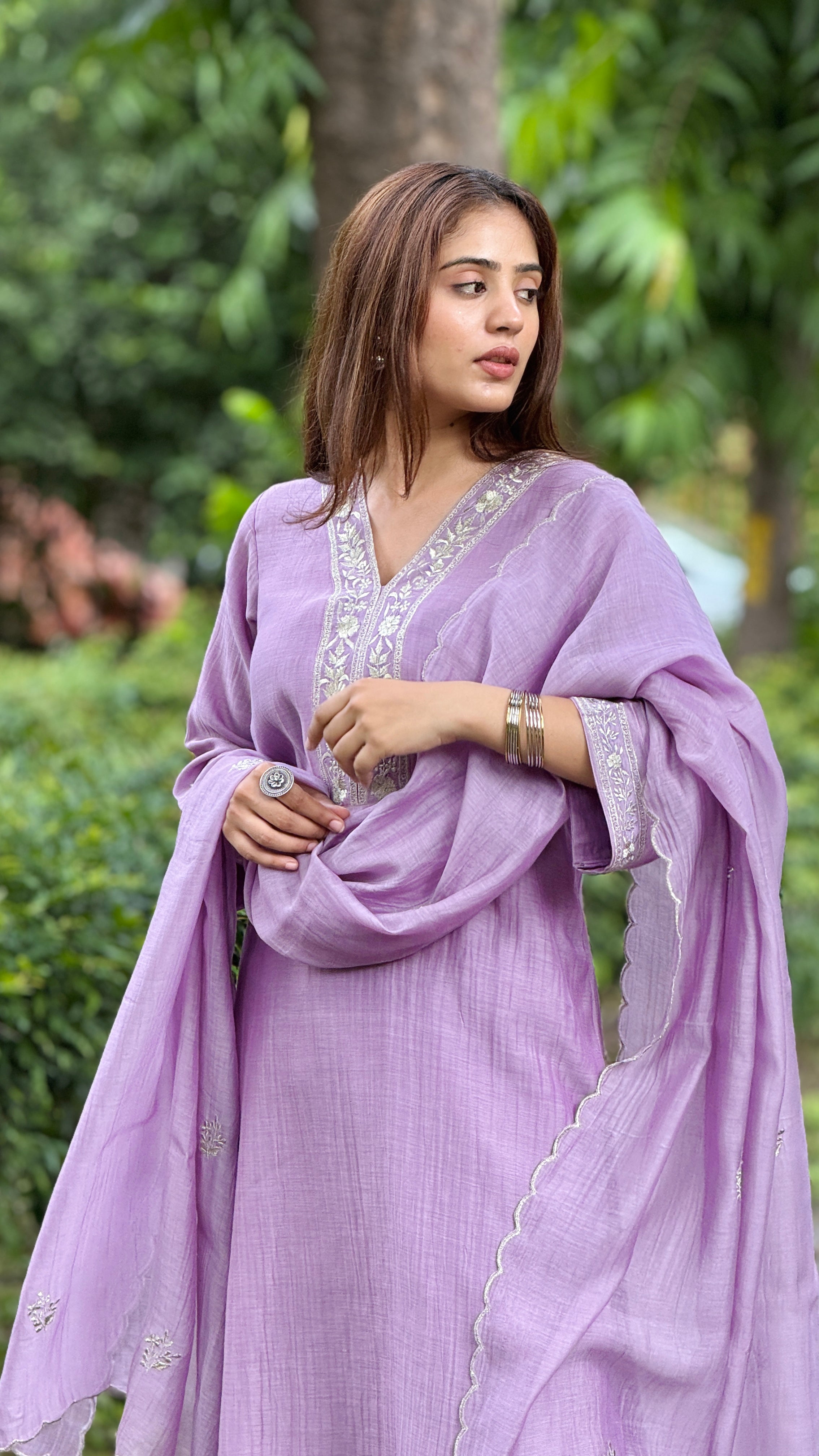 Lilac embroidered chanderi set