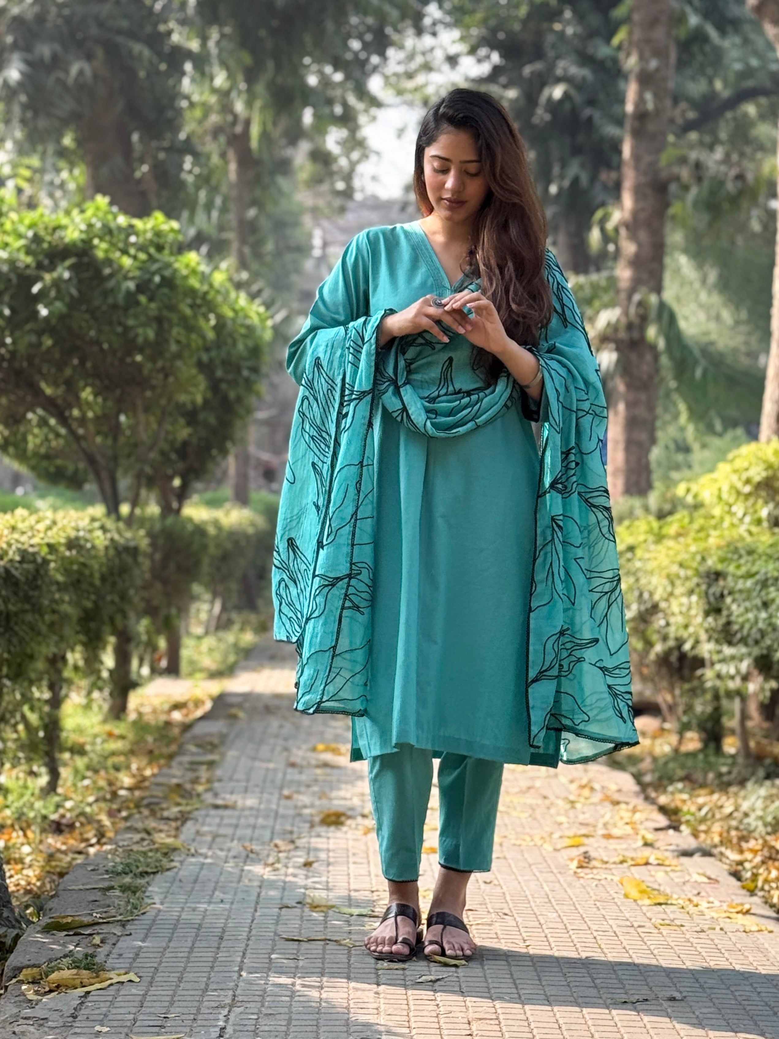 Soft teal cotton kurta set