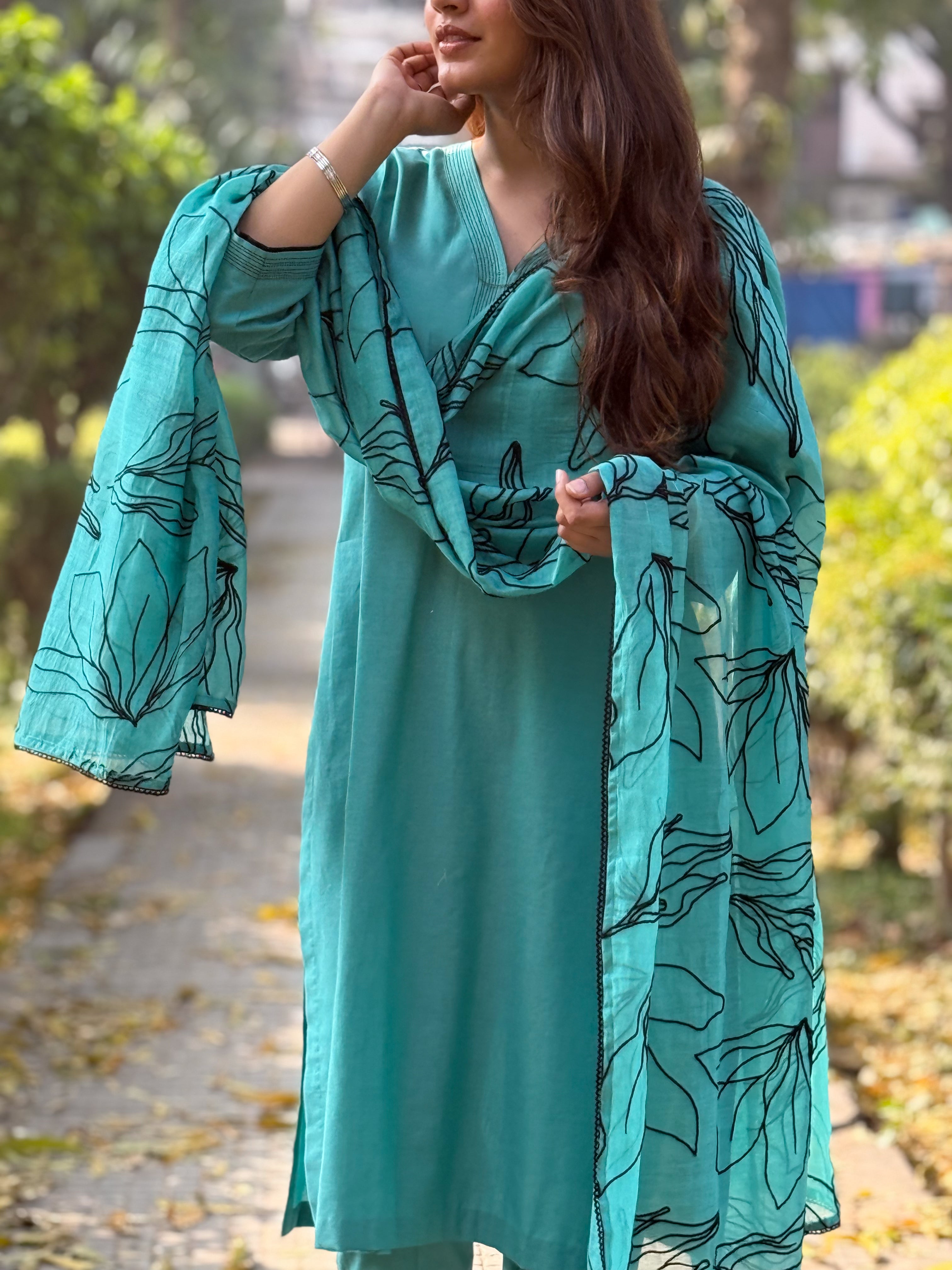 Soft teal cotton kurta set