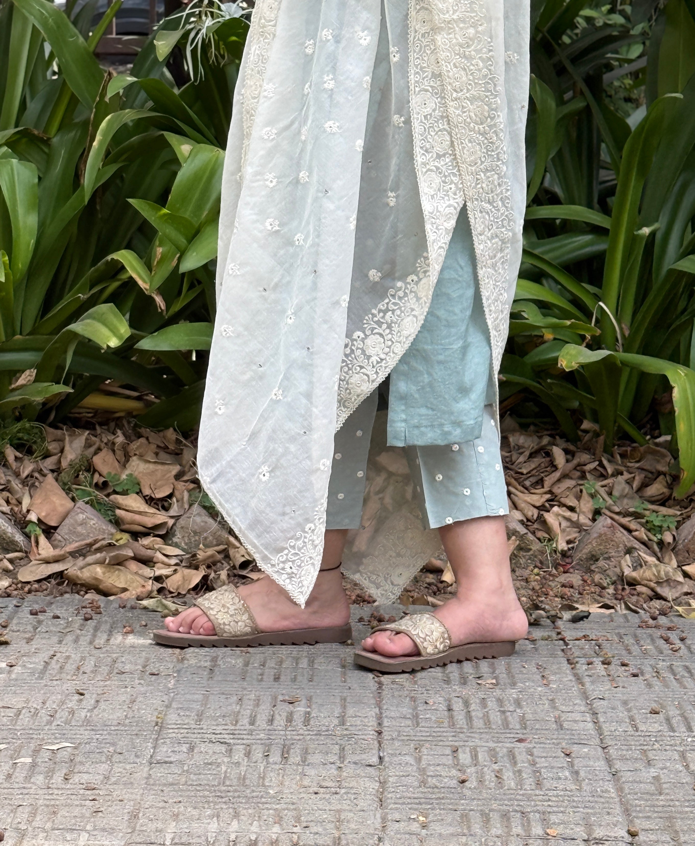 Teal cotton mirror work pants set