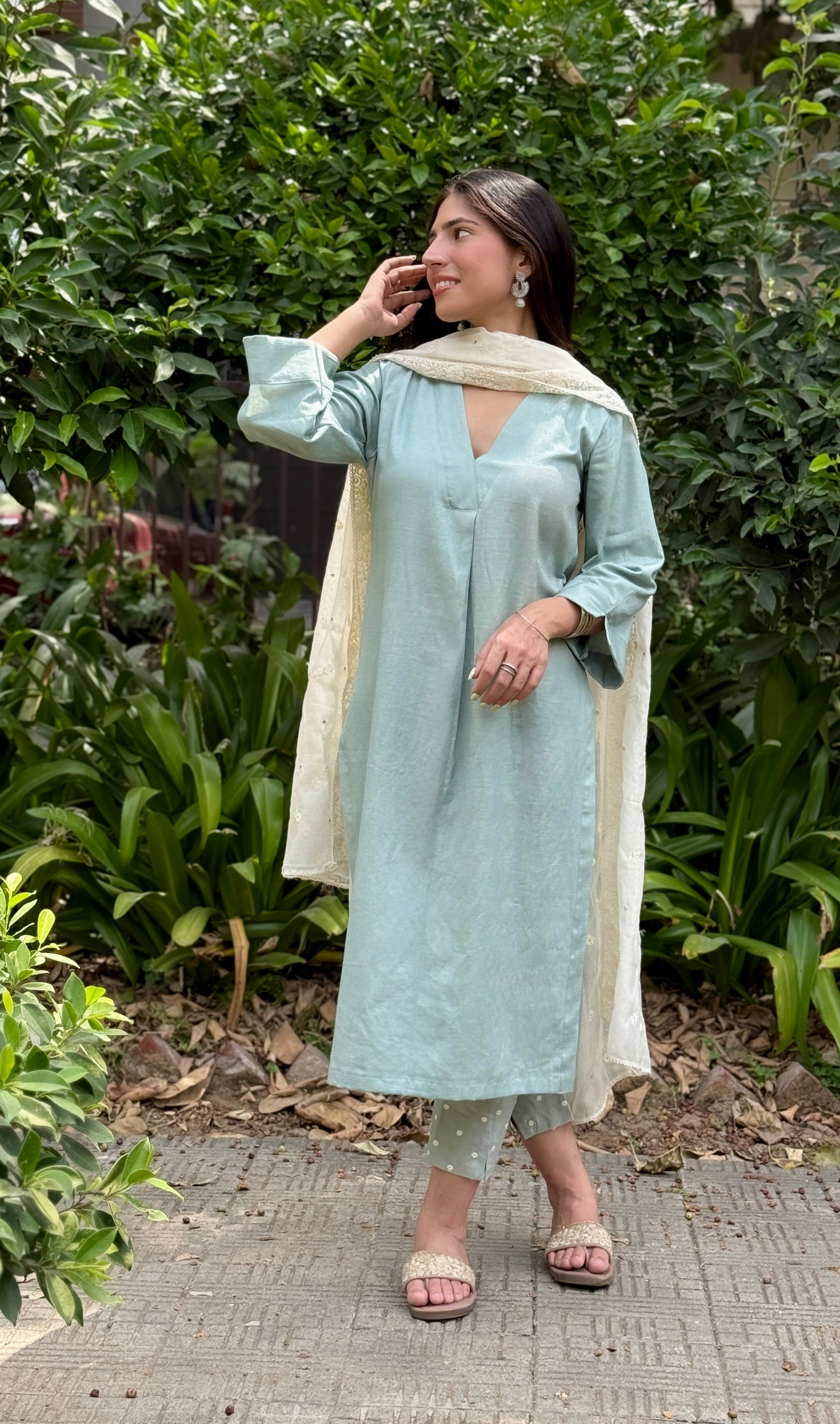 Teal cotton mirror work pants set