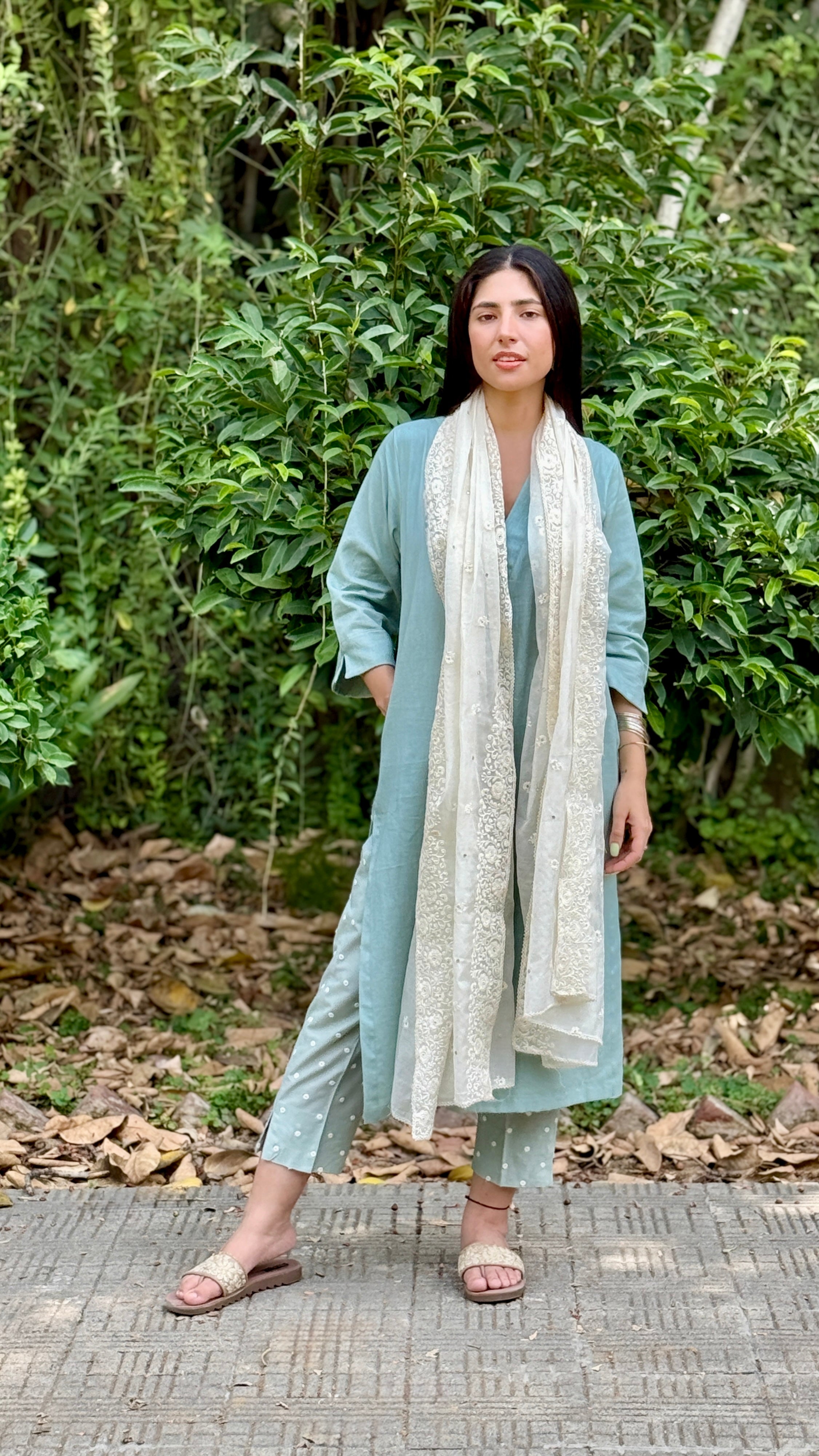 Teal cotton mirror work pants set