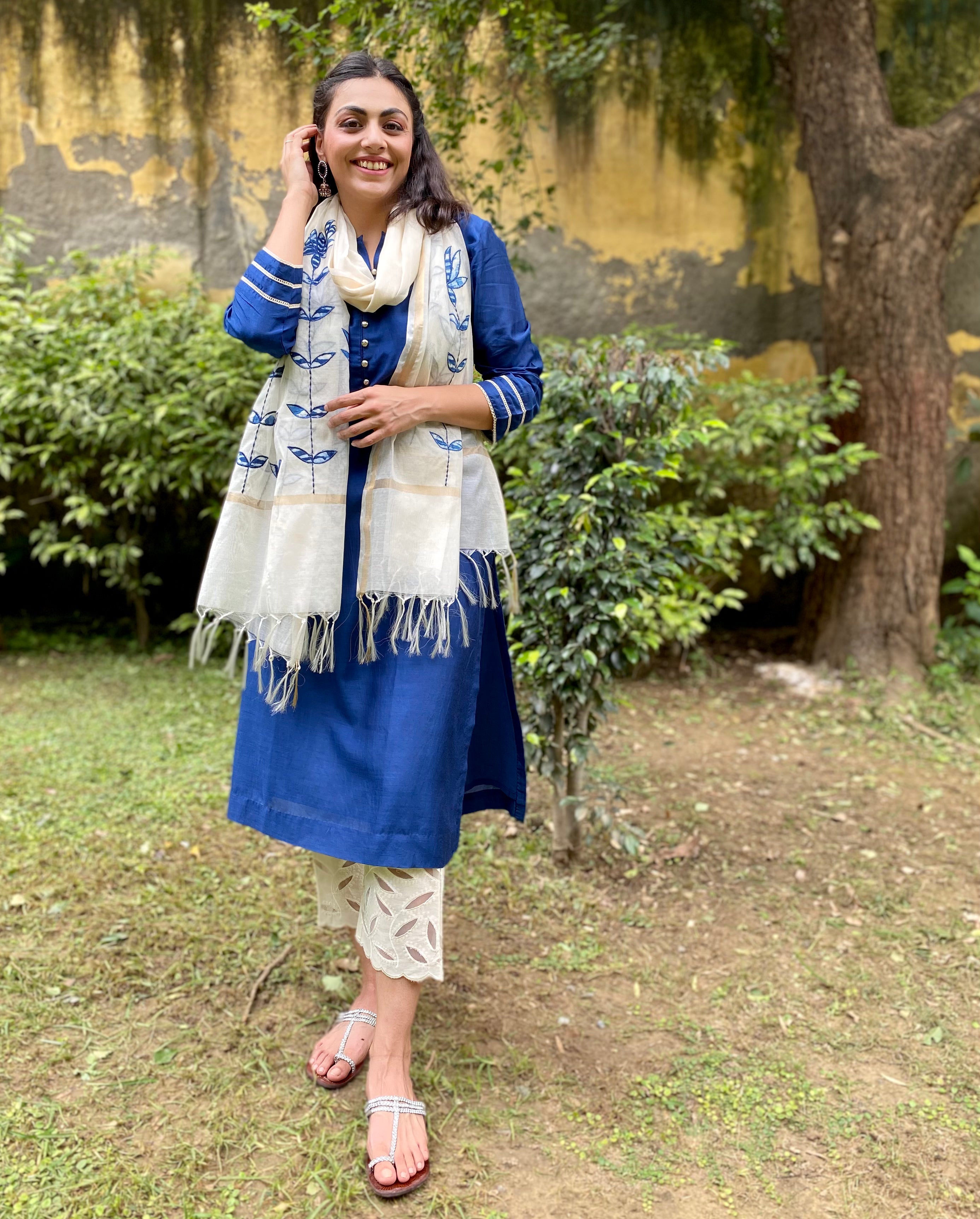 Royal blue cutwork muslin set