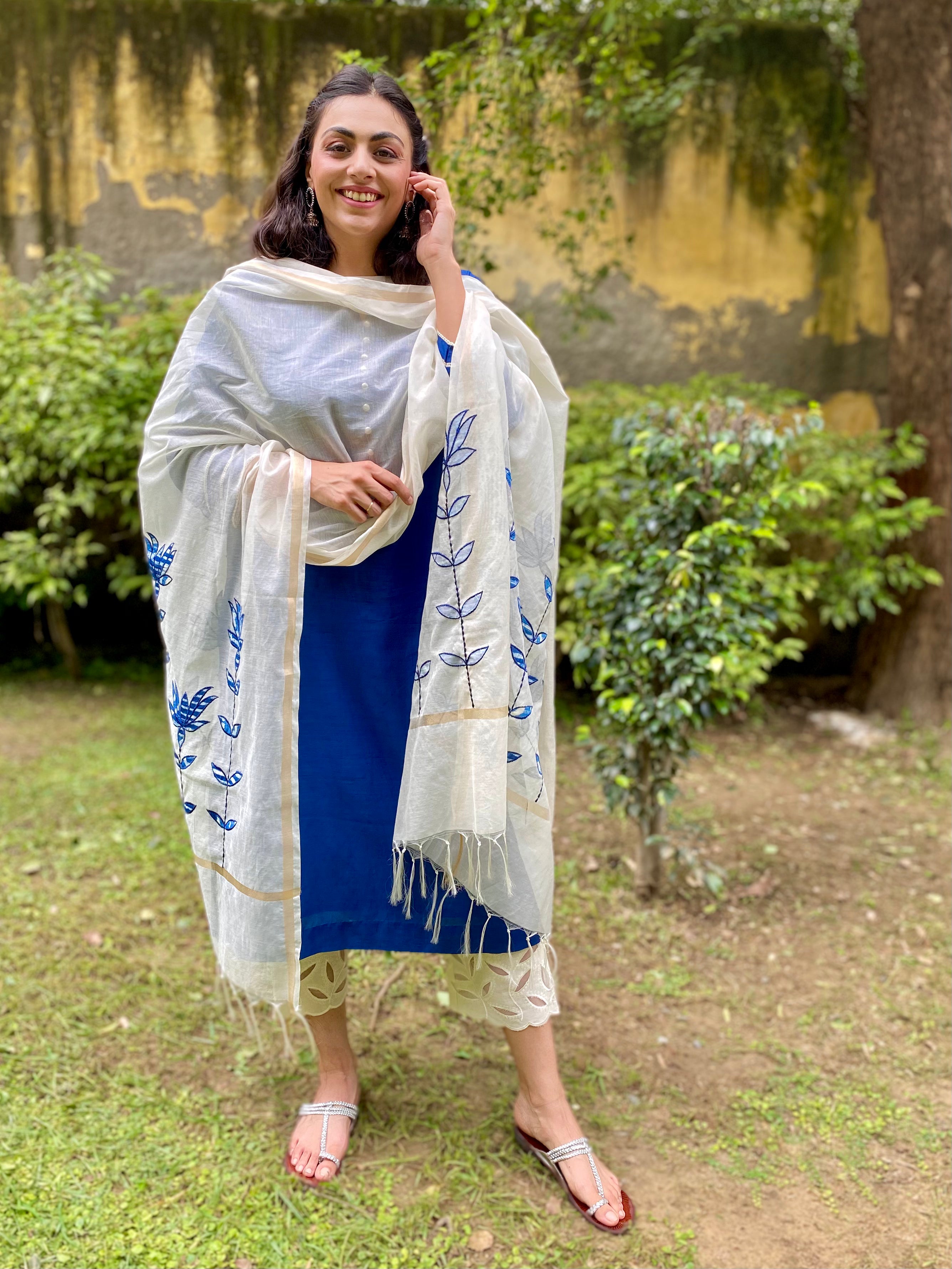 Royal blue cutwork muslin set