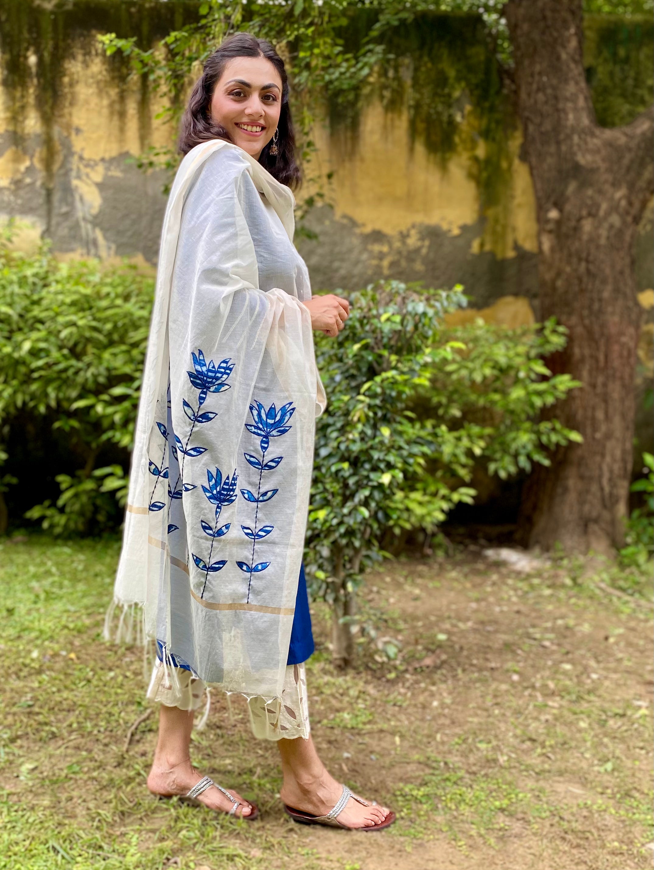 Royal blue cutwork muslin set