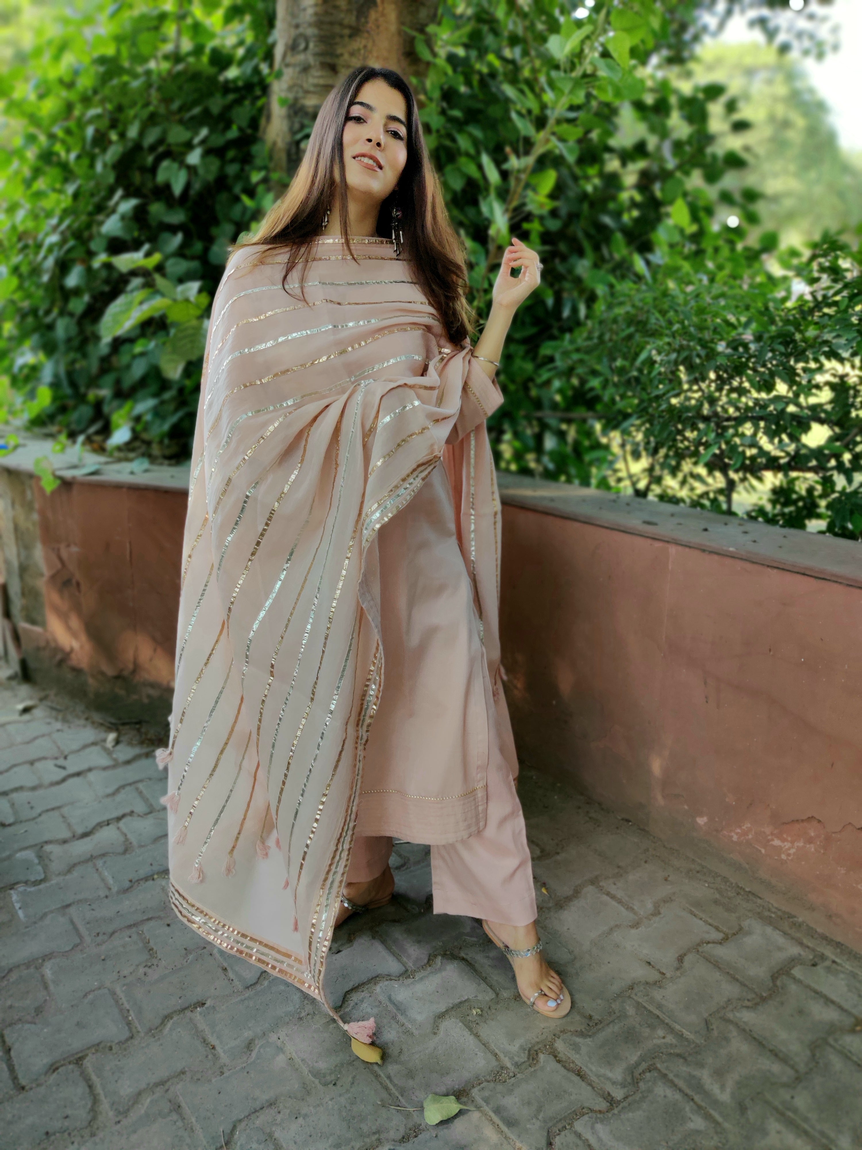 Nude pink cotton gota dupatta set