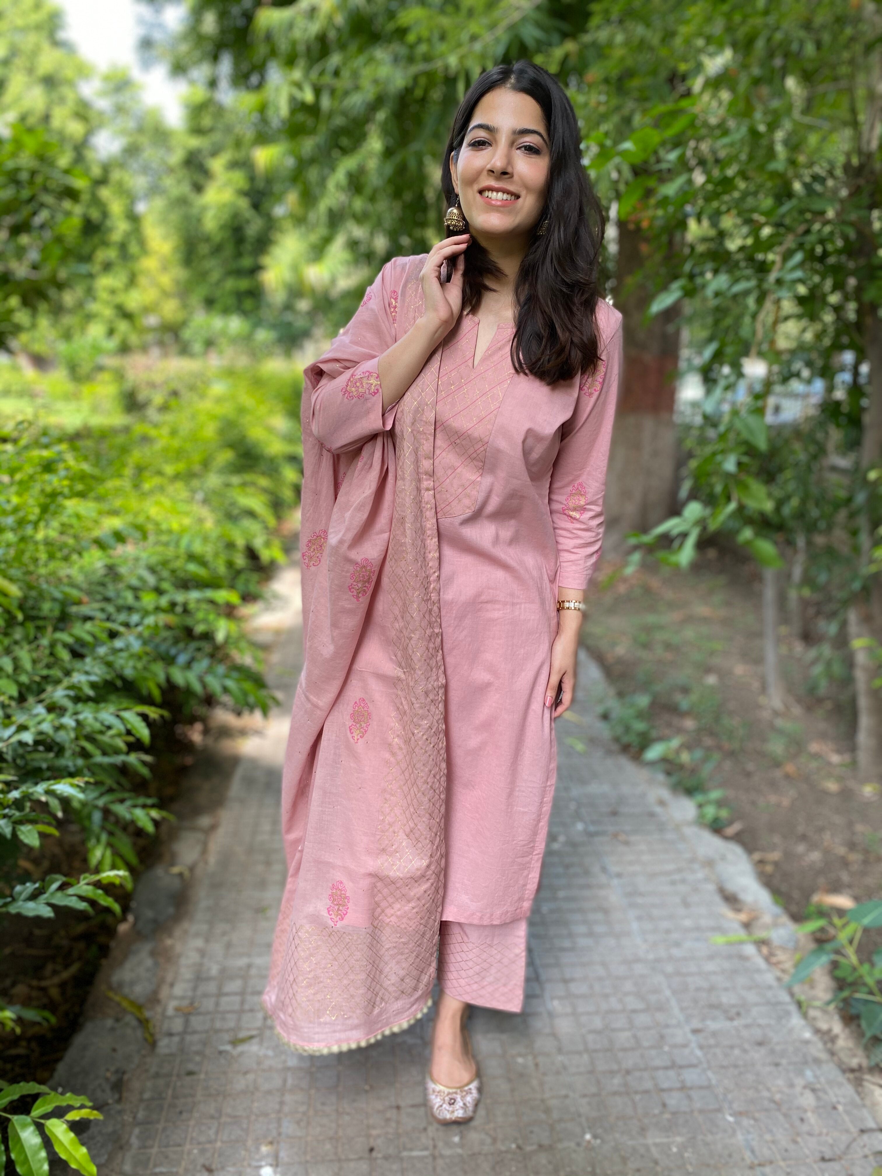 Pink handblock printed cotton set