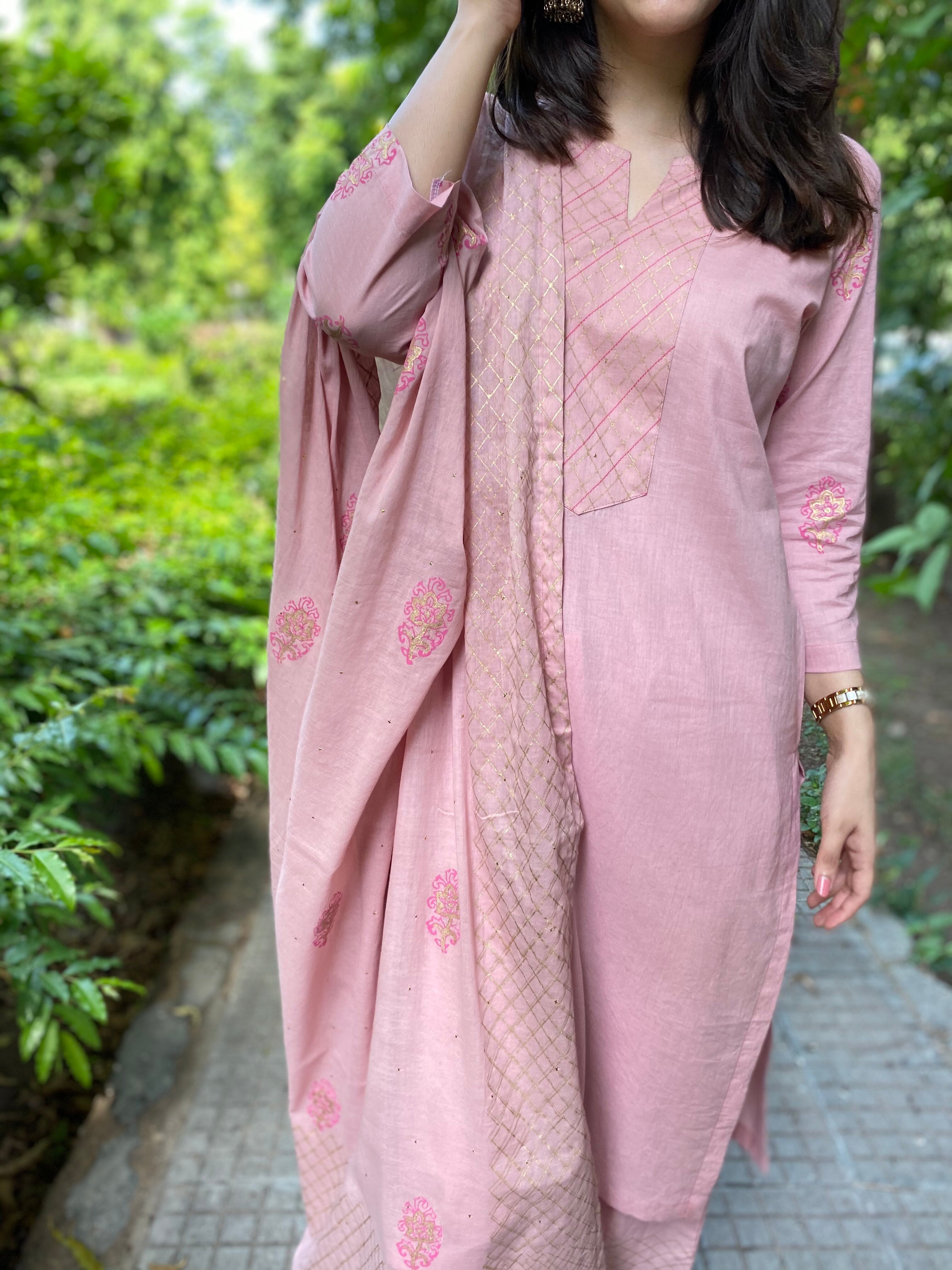 Pink handblock printed cotton set