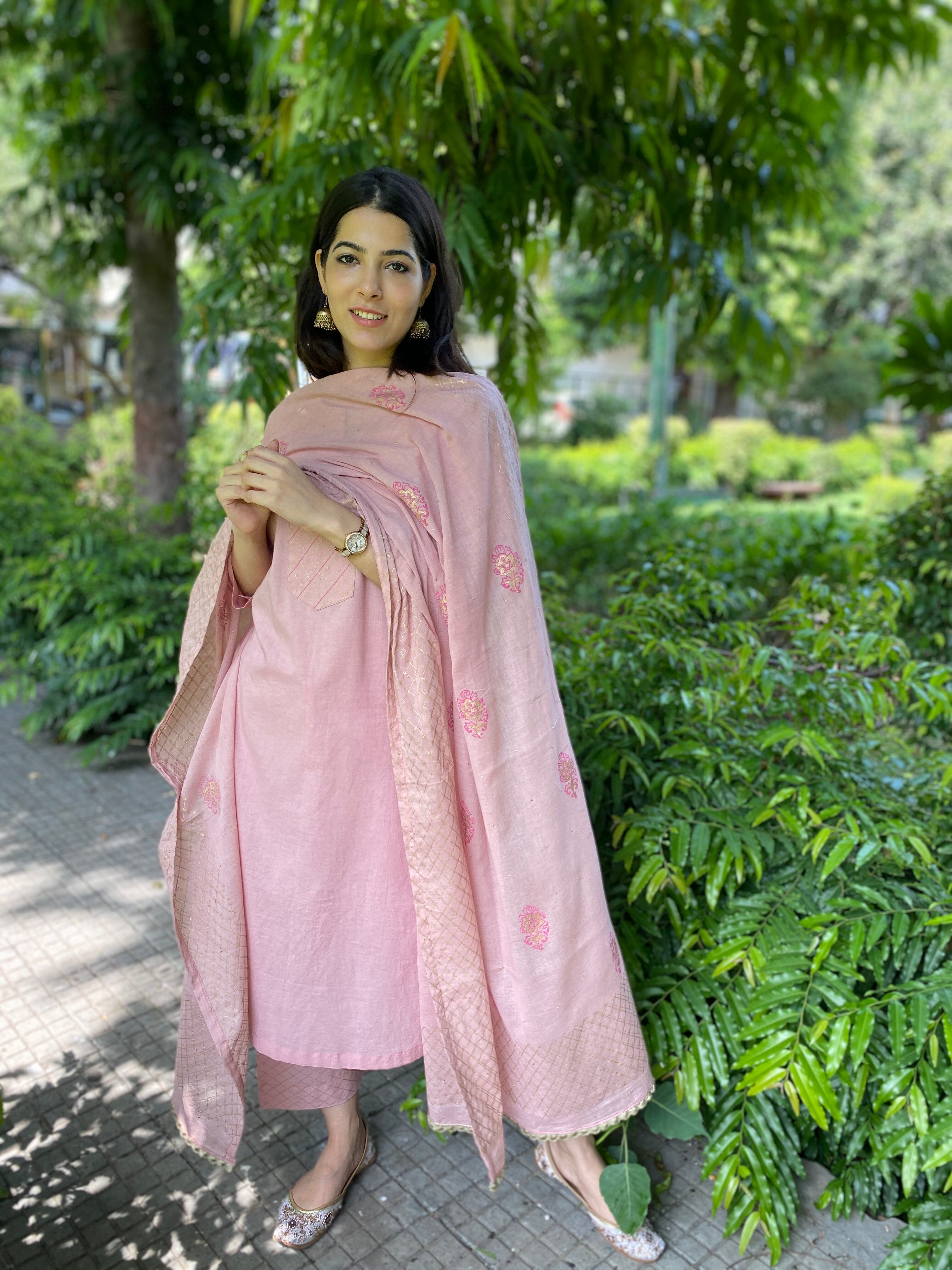 Pink handblock printed cotton set