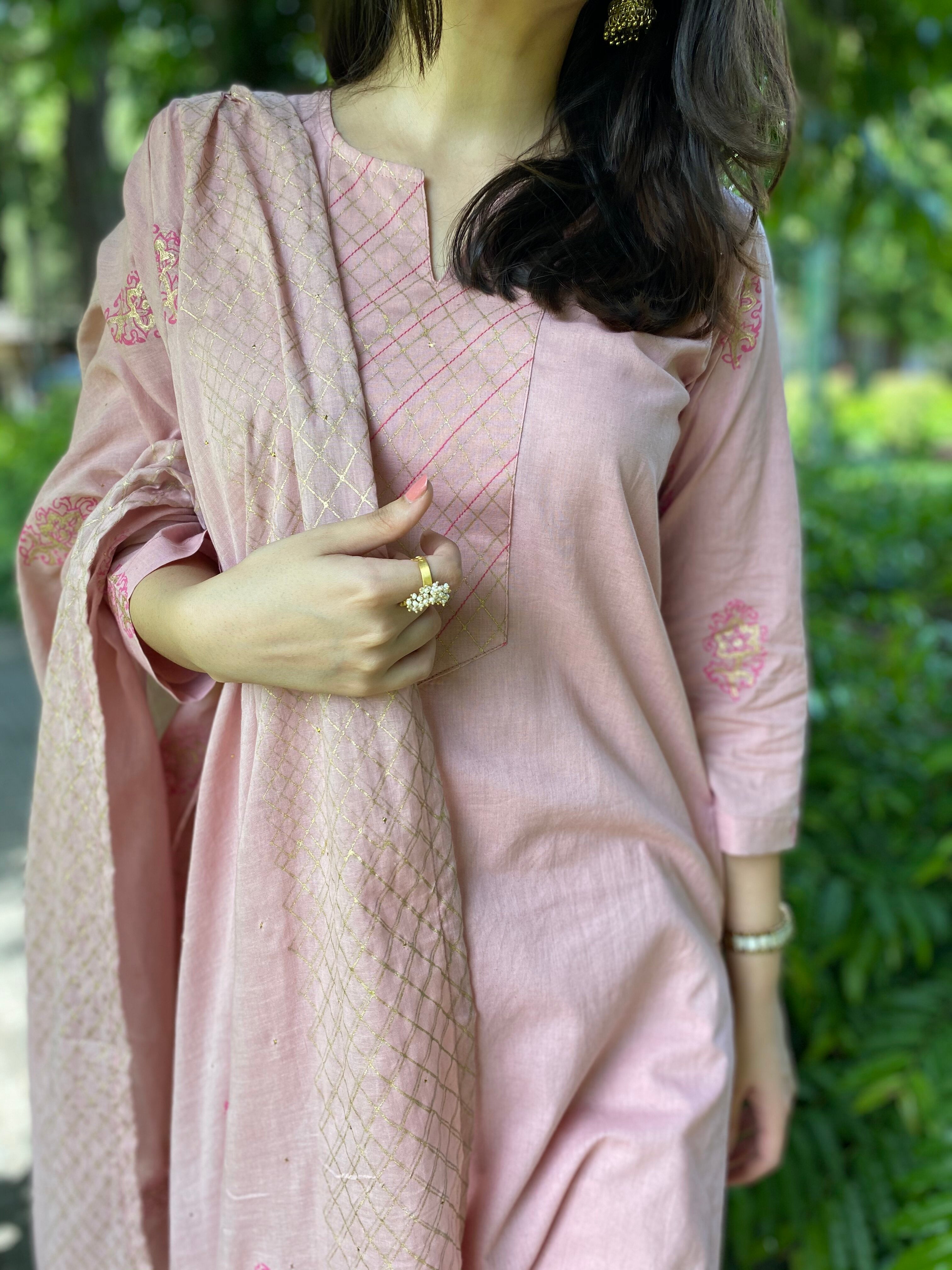 Pink handblock printed cotton set