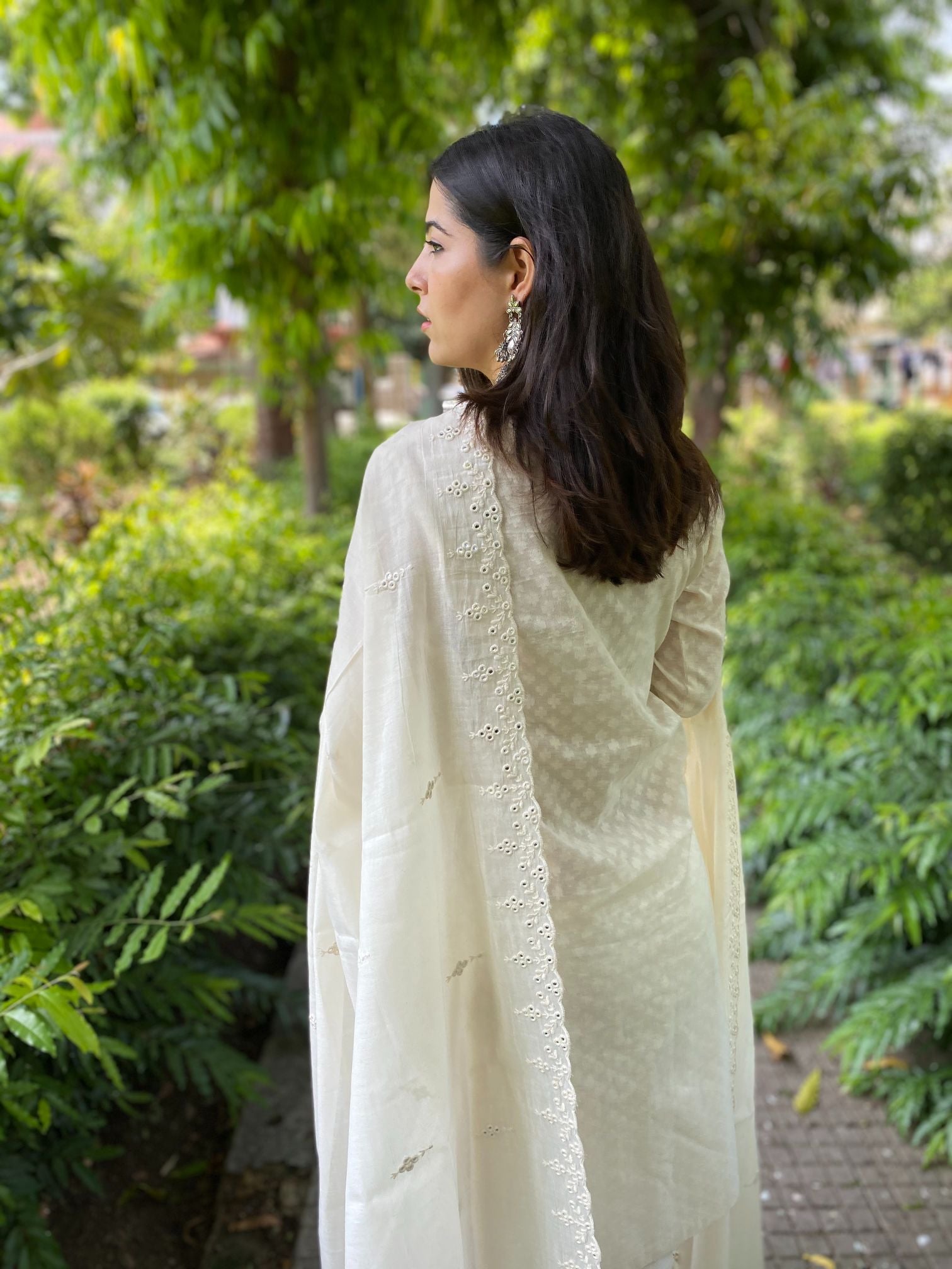 Off white cotton set with mirror work mul dupatta