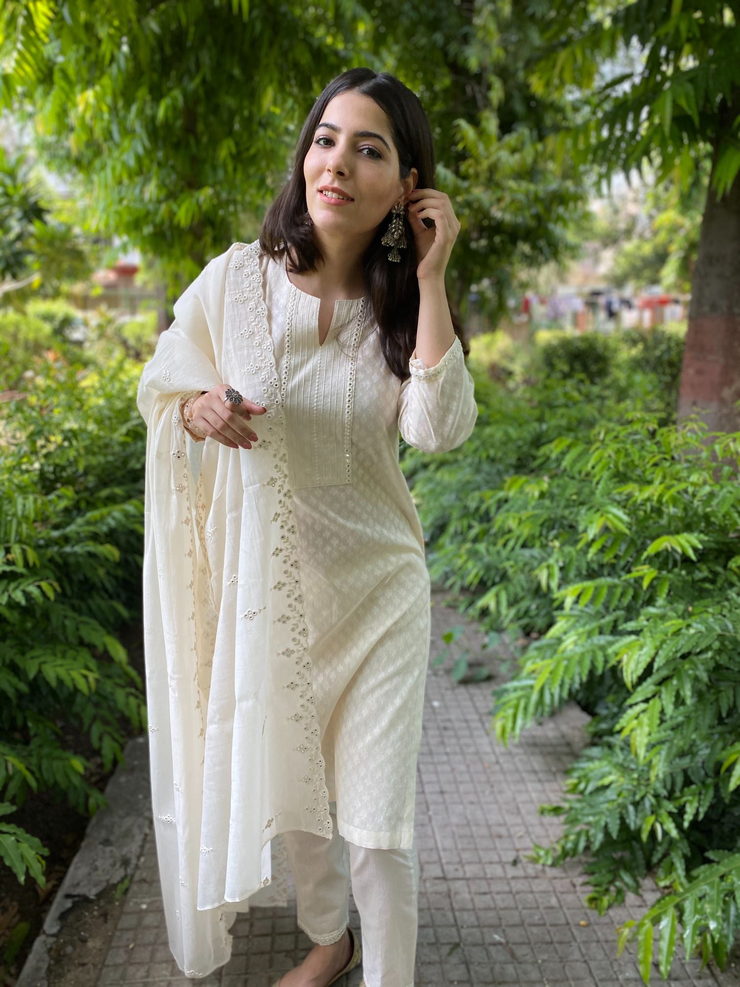 Off white cotton set with mirror work mul dupatta