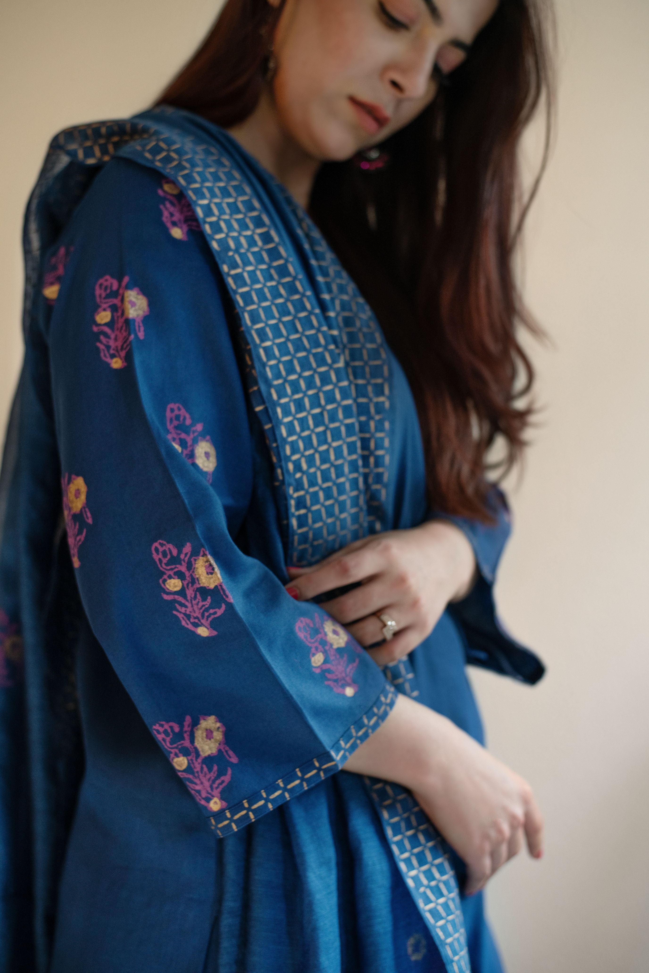 Persian blue block printed chanderi dupatta set