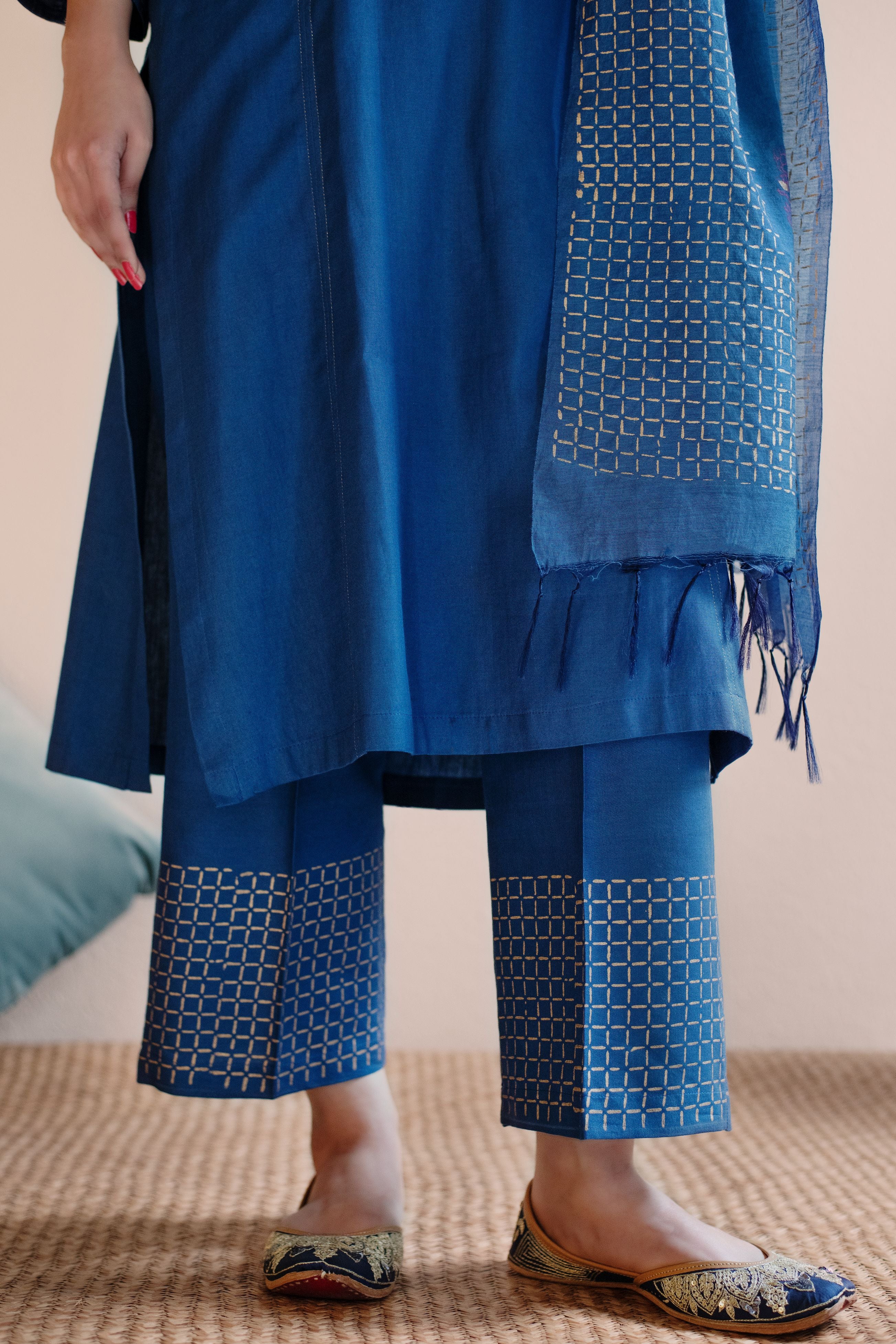Persian blue block printed chanderi dupatta set
