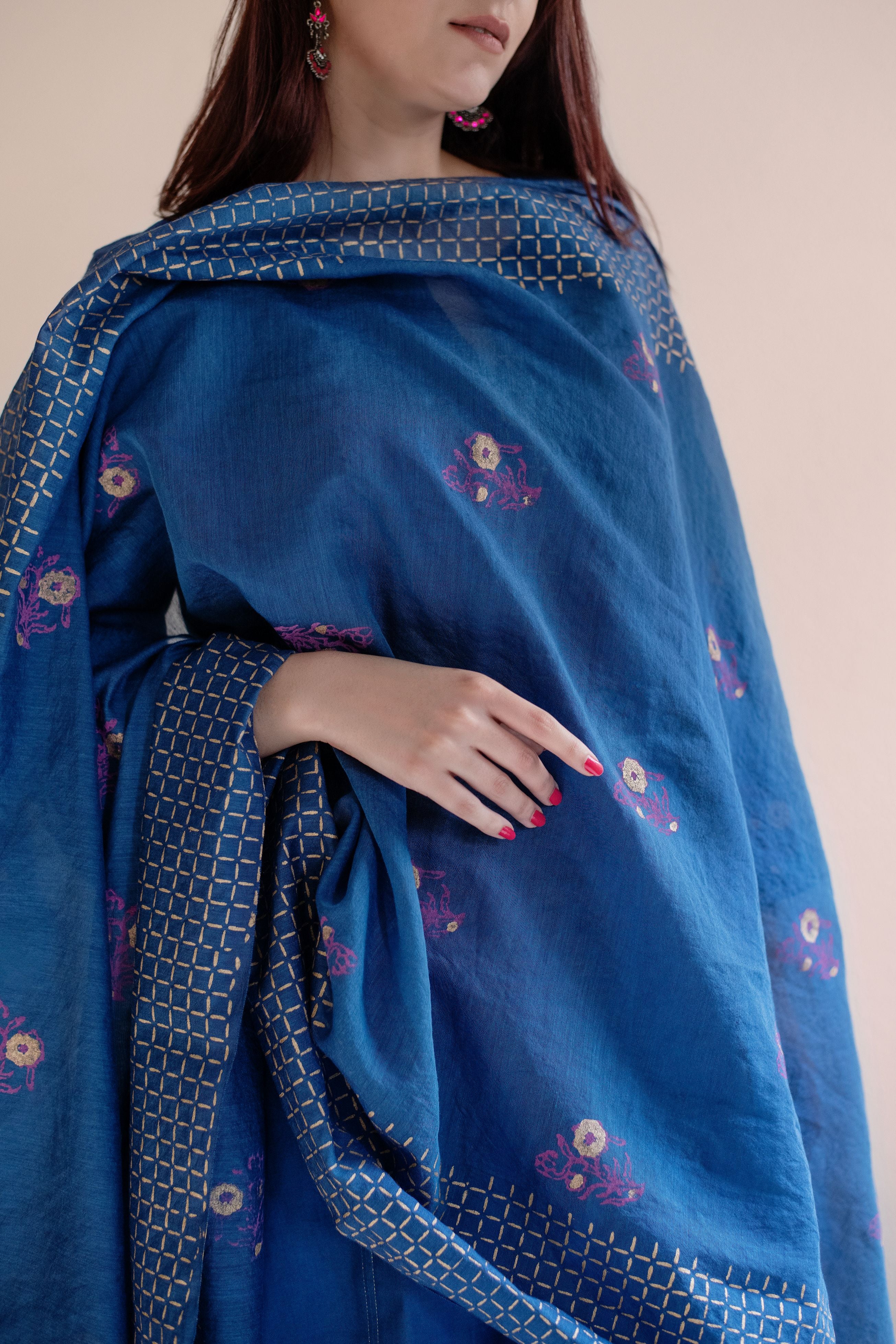 Persian blue block printed chanderi dupatta set