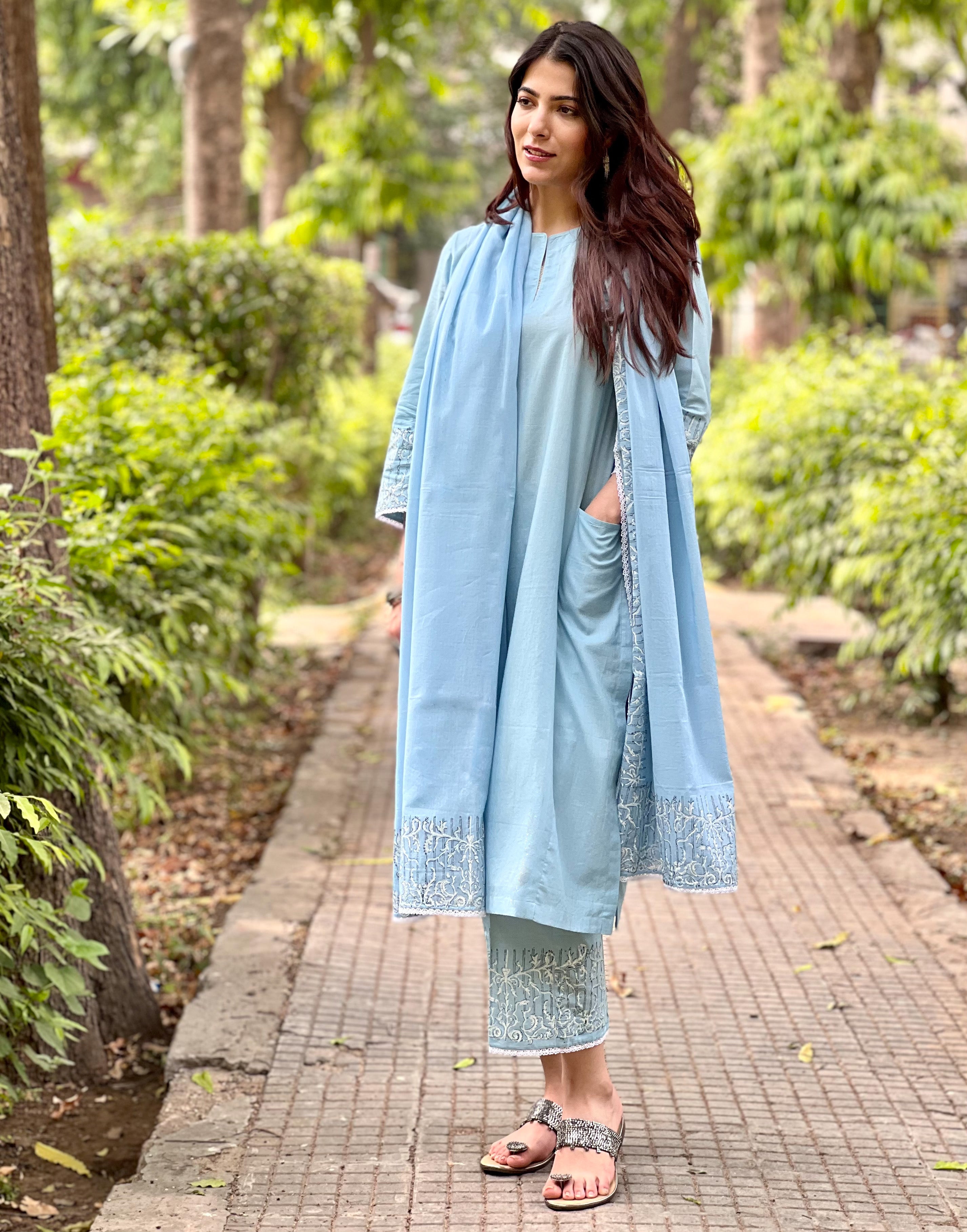 Sky blue block printed cotton set