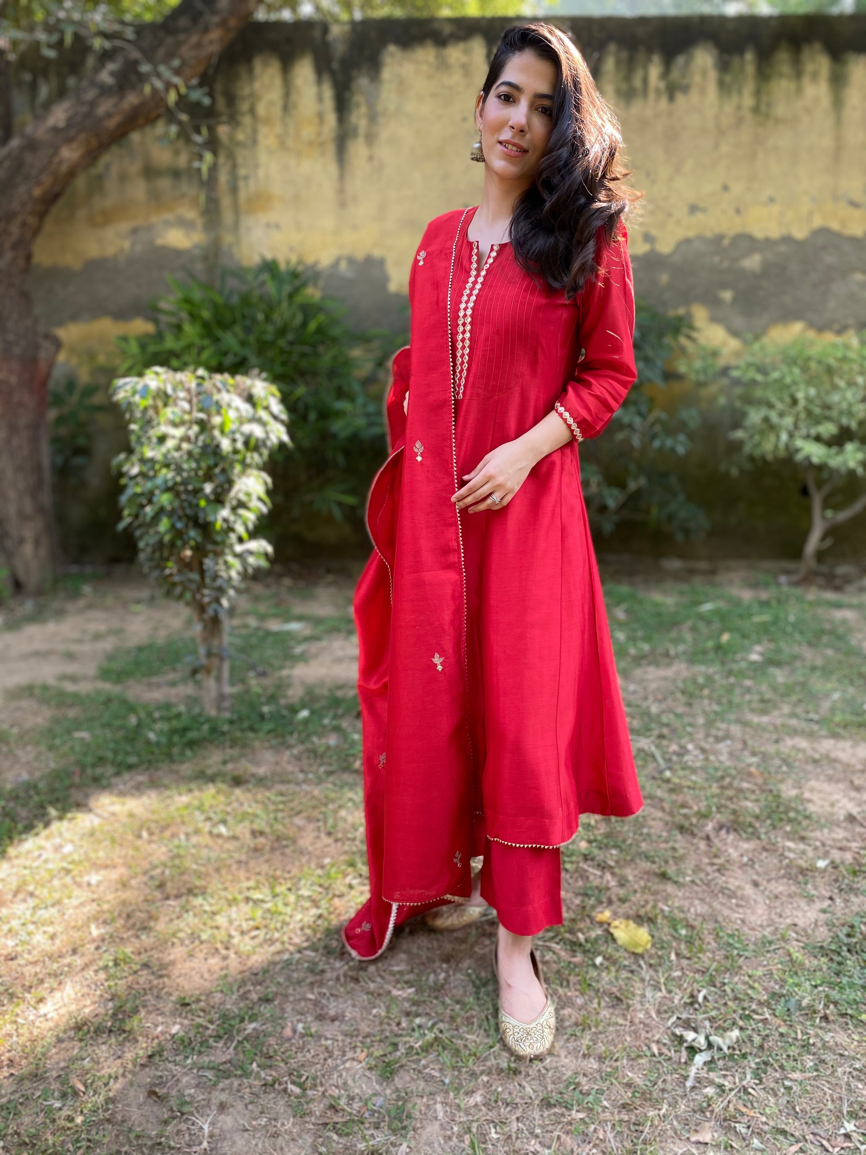 Red chanderi anarkali set