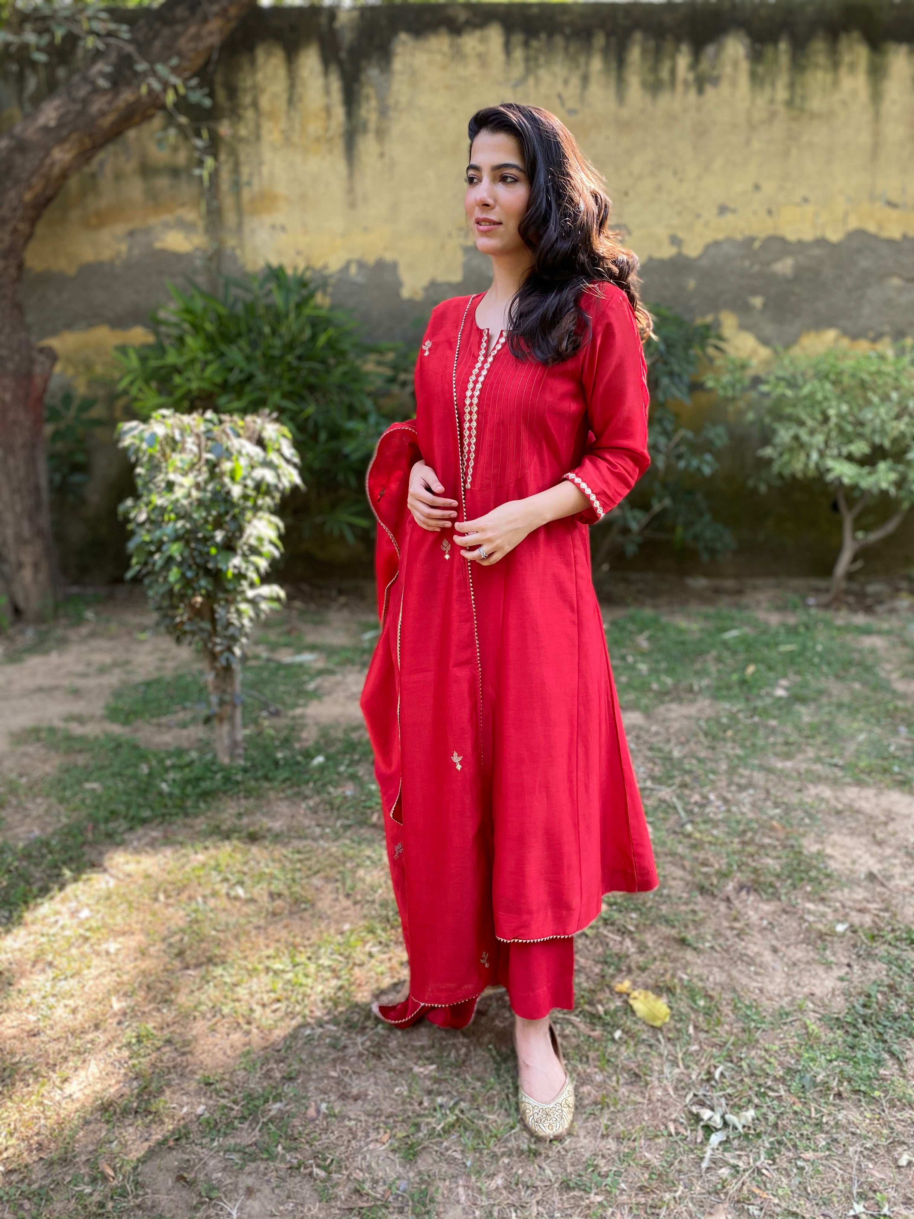 Red chanderi anarkali set