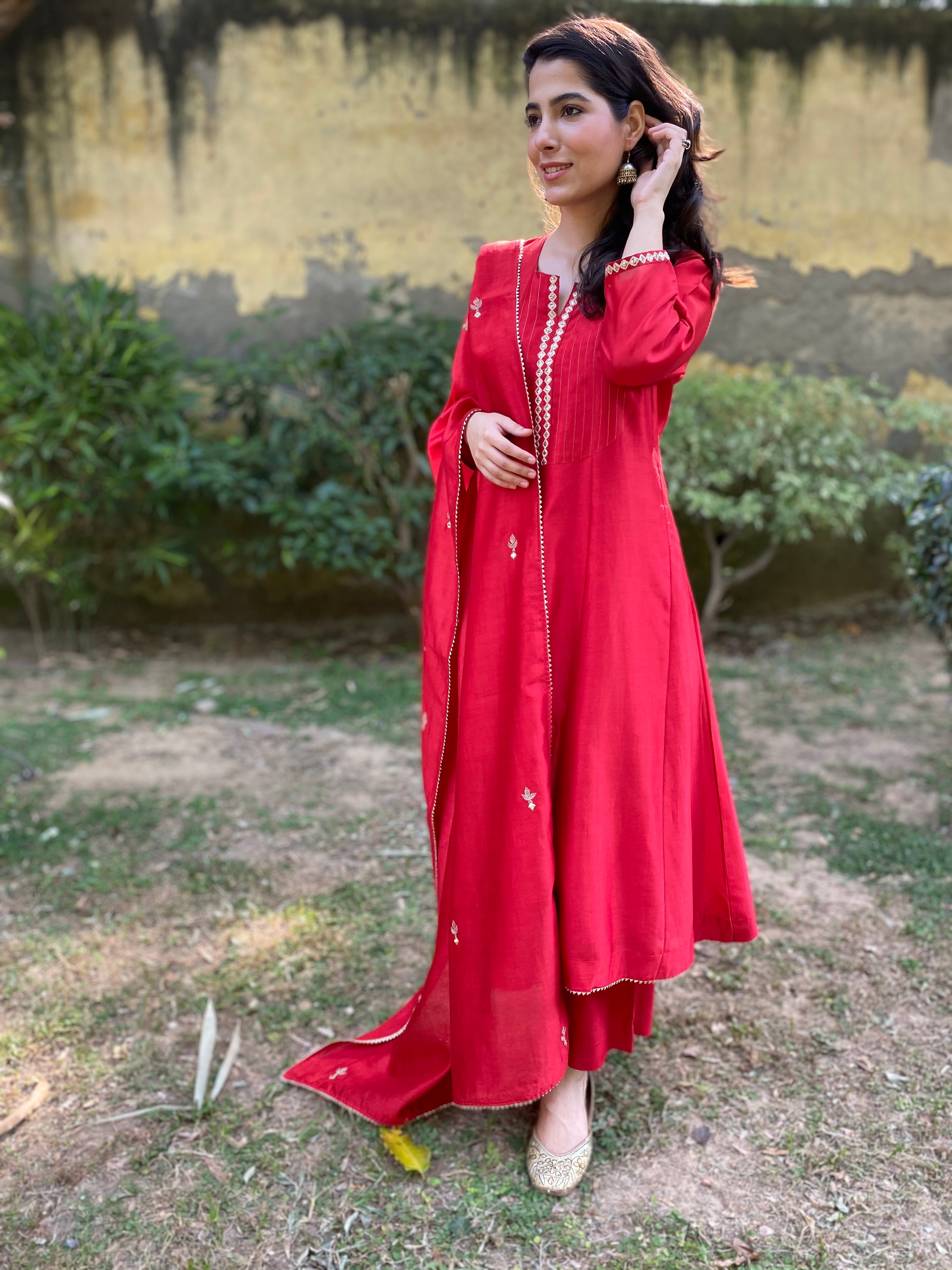 Red chanderi anarkali set