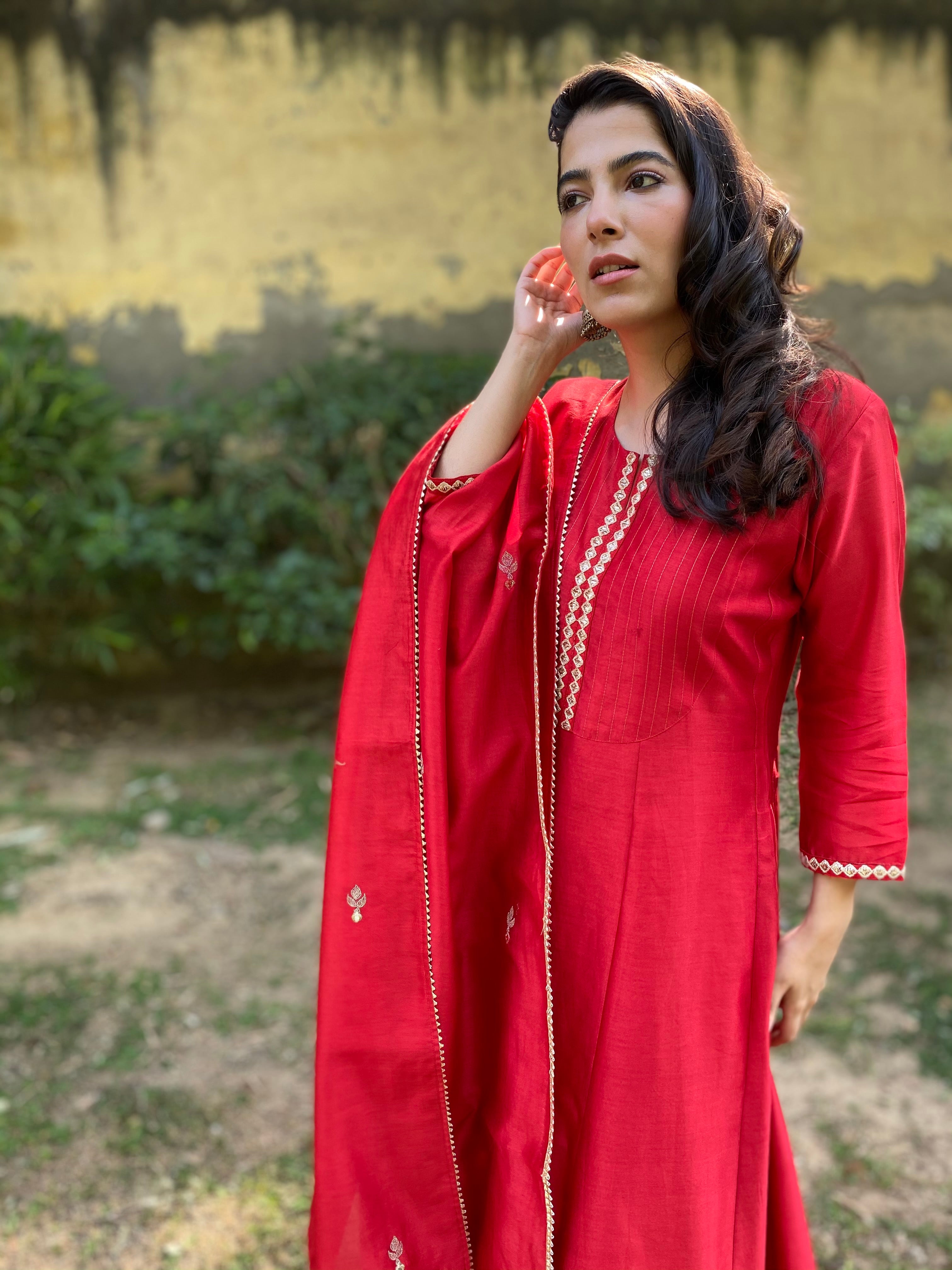 Red chanderi anarkali set