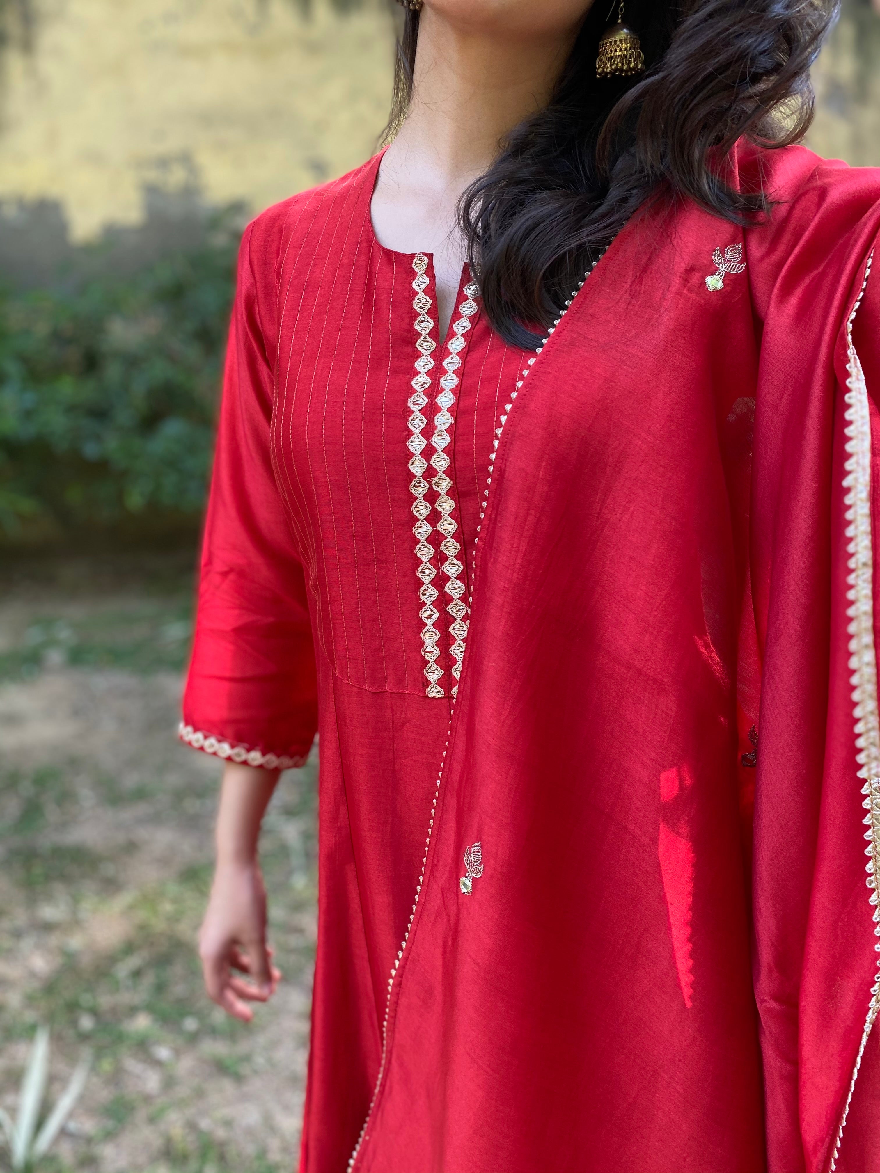 Red chanderi anarkali set