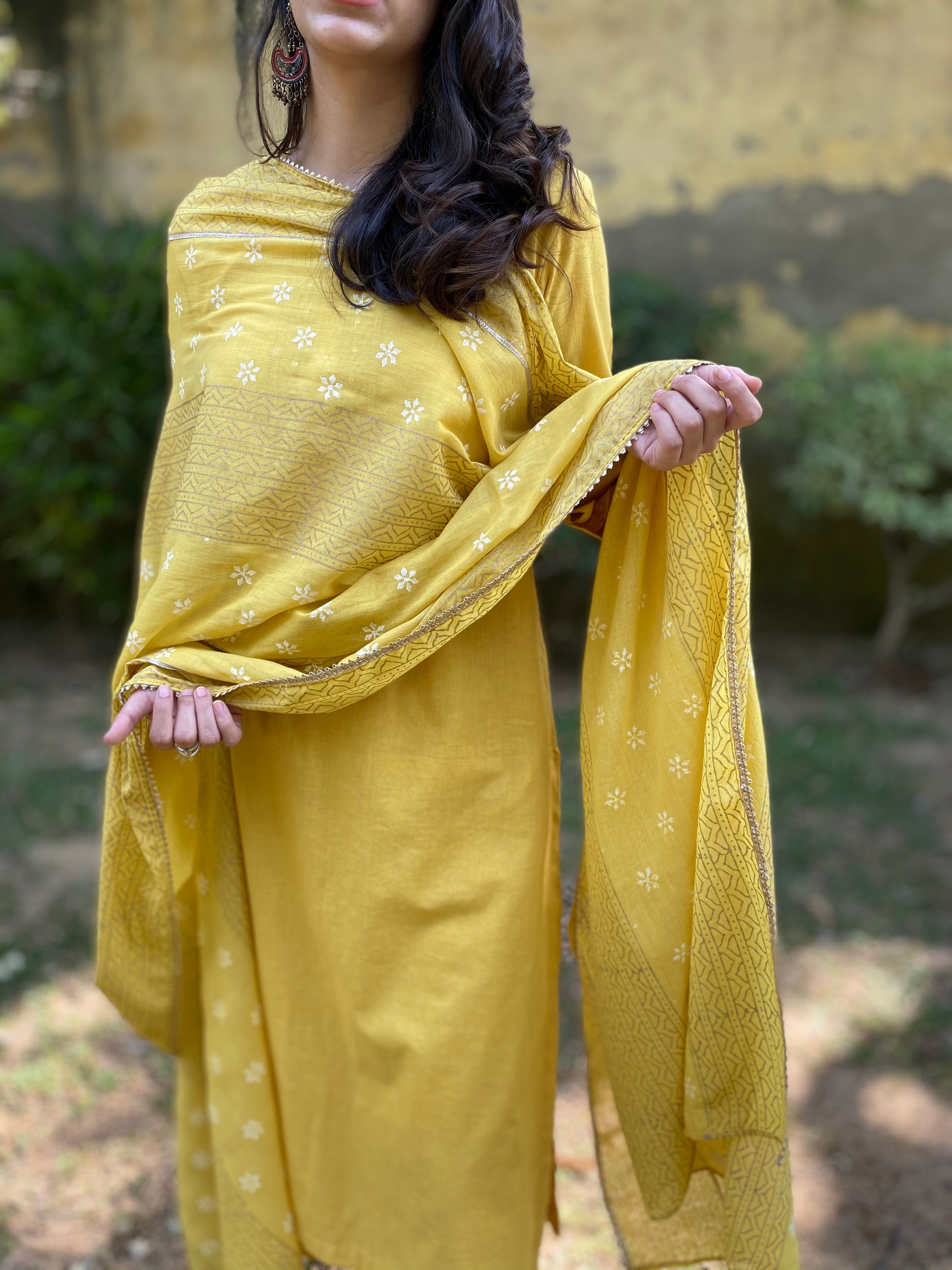 Canary yellow block printed set